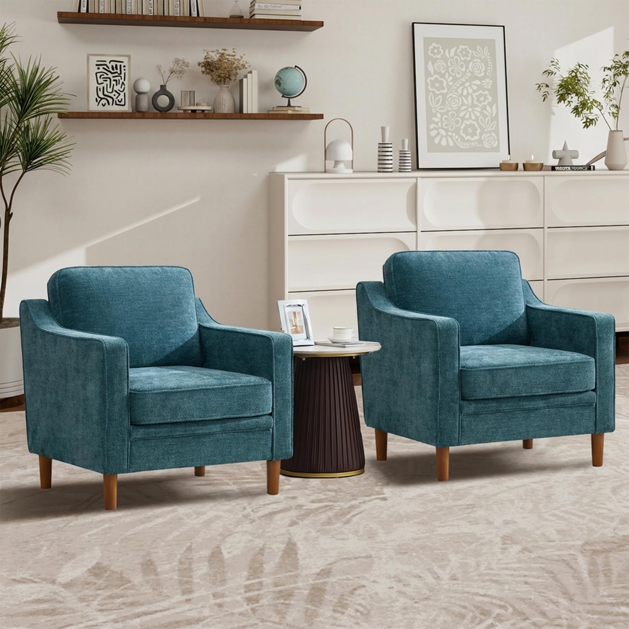 Kingfun Accent Chair Set of 2, Living Room Chairs, Faux Leather Reading Armchair, Mid Century with Solid Wood Foot, Upholstered Modern Decor for Bedroom, Apartment, Brown