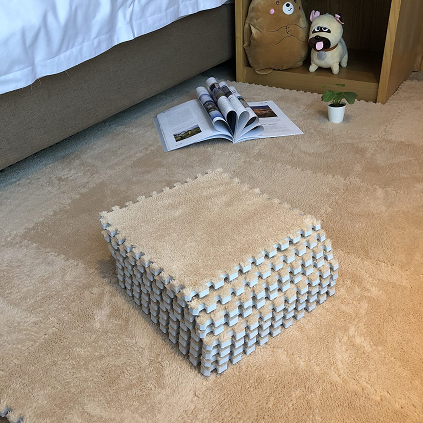 smabee Interlocking Carpet Shaggy Soft EVA Foam Mats Fluffy Area Rugs Protective Floor Tiles Exercise Play Mat for Children Kids Room Home Parlor Bedroom (12 Pcs, Brown)