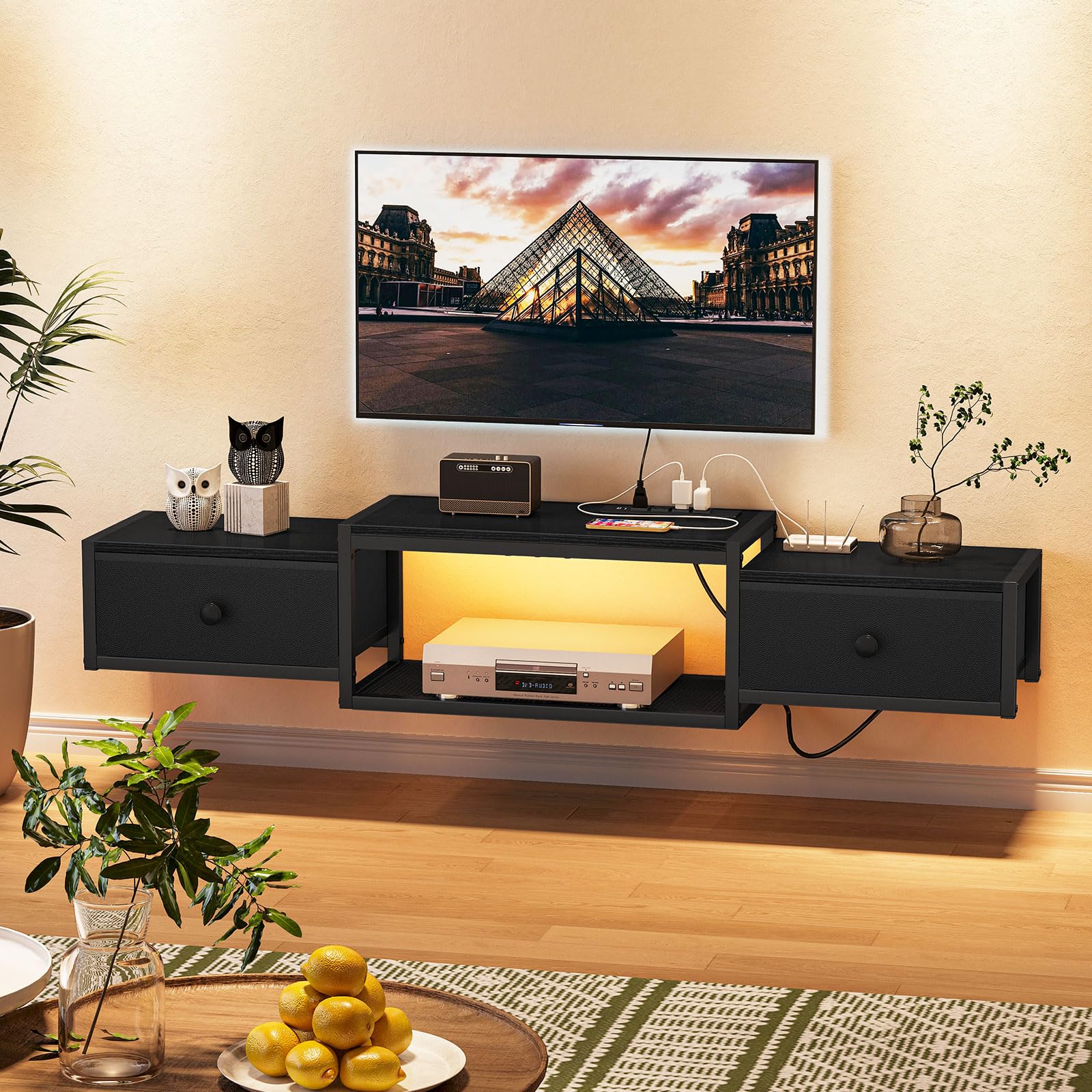 Snughome Floating TV Stand with Power Outlet 55", Wall Mounted Entertainment Center with LED Lights, Floating TV Shelf with Drawer, Wall Mounted Media Console Shelf for Living Room, Bedroom