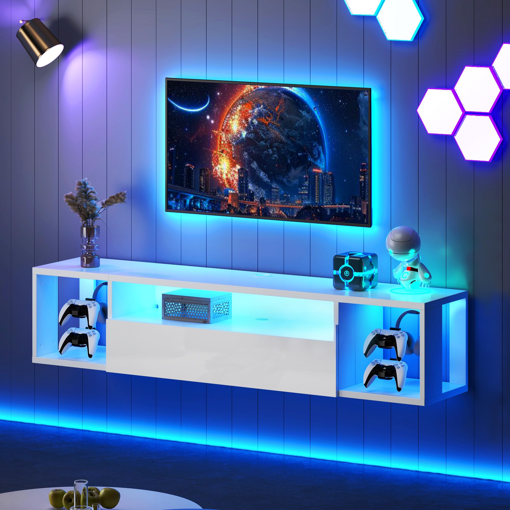 DlandHome Floating TV Stand with LED Lights, Wall Mounted TV Shelf with Led Lights, 55.1" Modern Entertainment Center Media Console with Storage, Black