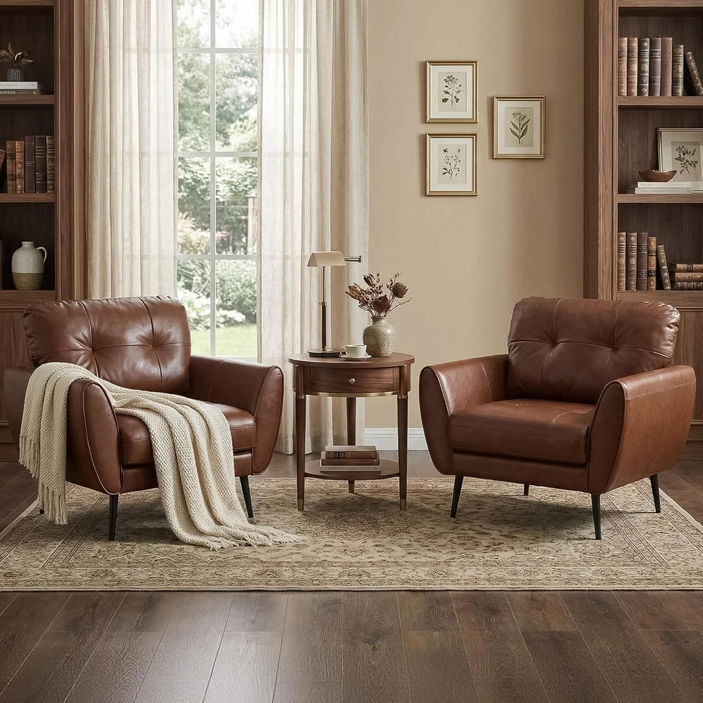 TYBOATLE Accent Chairs Set of 2, Comfy Modern Living Room Brown Leather Reading Accent Chairs Tufted Mid Century Arm Chair Small Salon Chair for Office Bedroom (2, Brown)