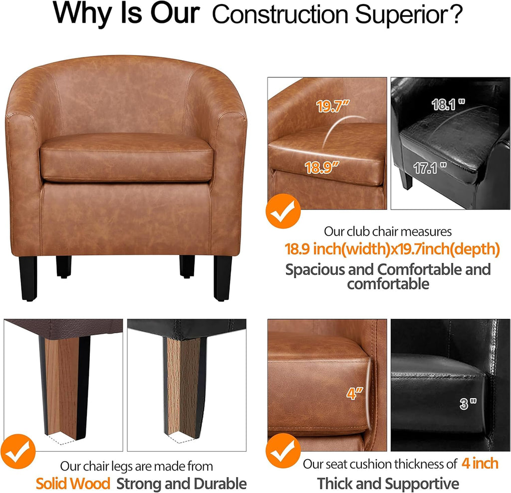 Yaheetech Leather Accent Chair, Faux Leather Armchair, Modern Barrel Club Chair with Soft Seat for Living Room Bedroom Reading Waiting Room, Brown