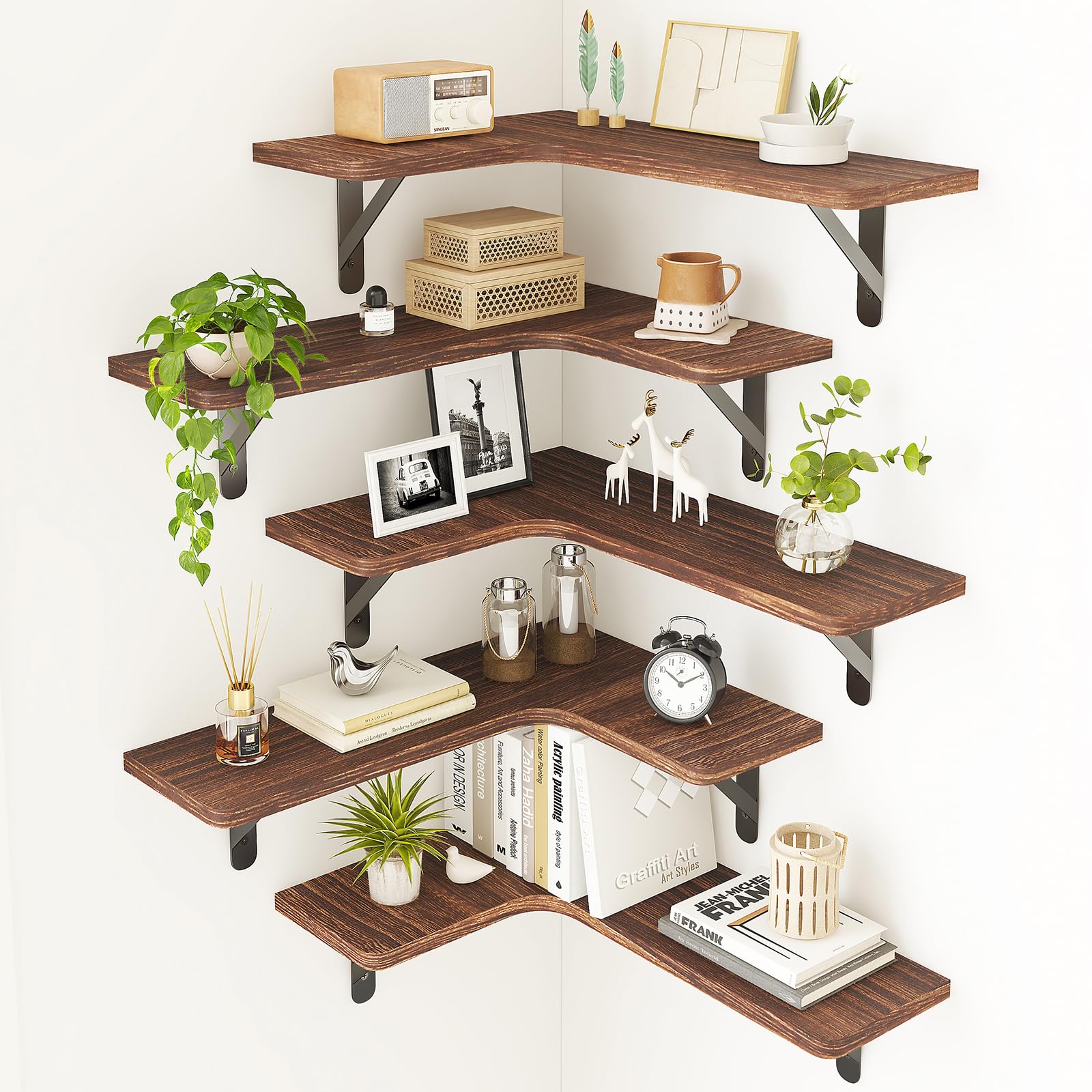 Fixwal Corner Shelves Floating Shelves for Wall Bathroom Kitchen Bedroom Home Decor Laundry Room Living Room Set of 5 (Black)