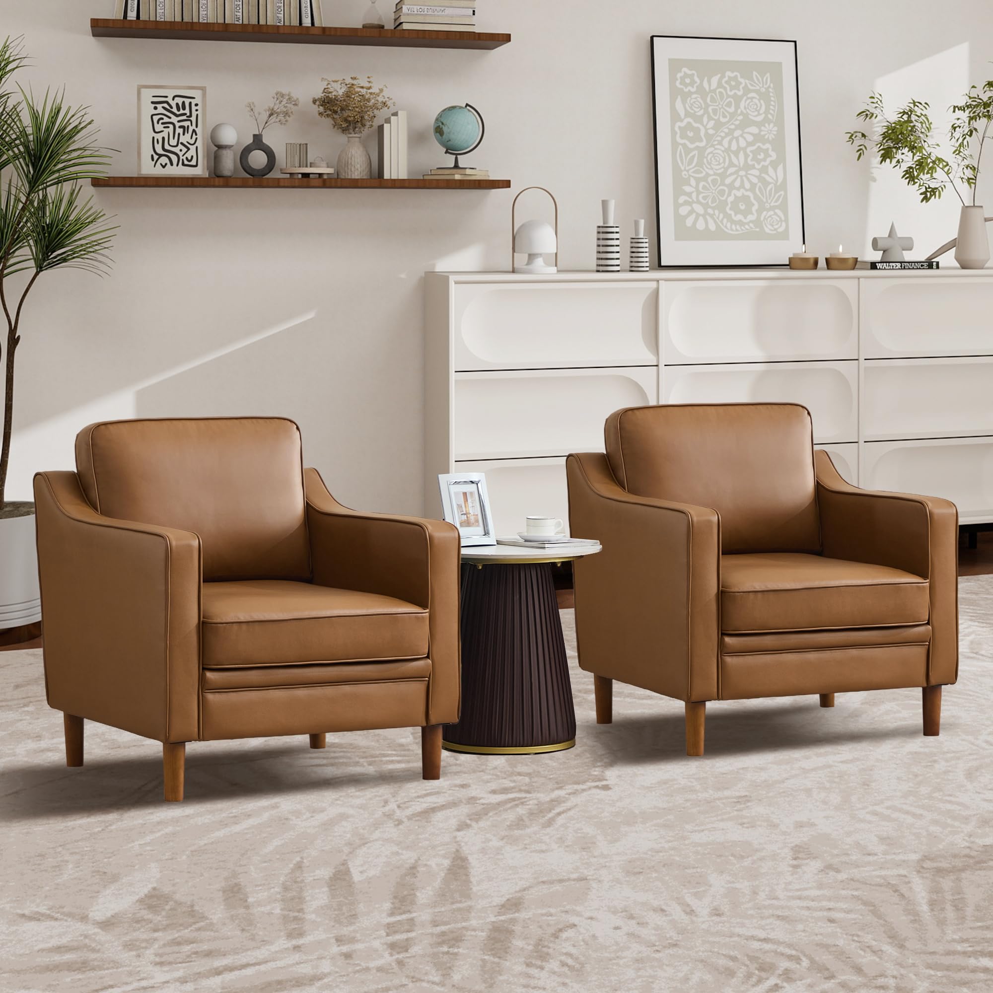 Kingfun Accent Chair Set of 2, Living Room Chairs, Faux Leather Reading Armchair, Mid Century with Solid Wood Foot, Upholstered Modern Decor for Bedroom, Apartment, Brown