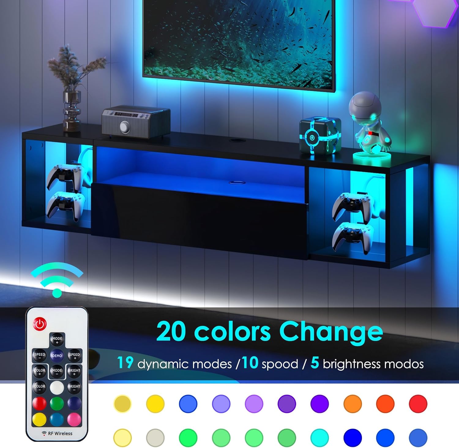 DlandHome Floating TV Stand with LED Lights, Wall Mounted TV Shelf with Led Lights, 55.1" Modern Entertainment Center Media Console with Storage, Black