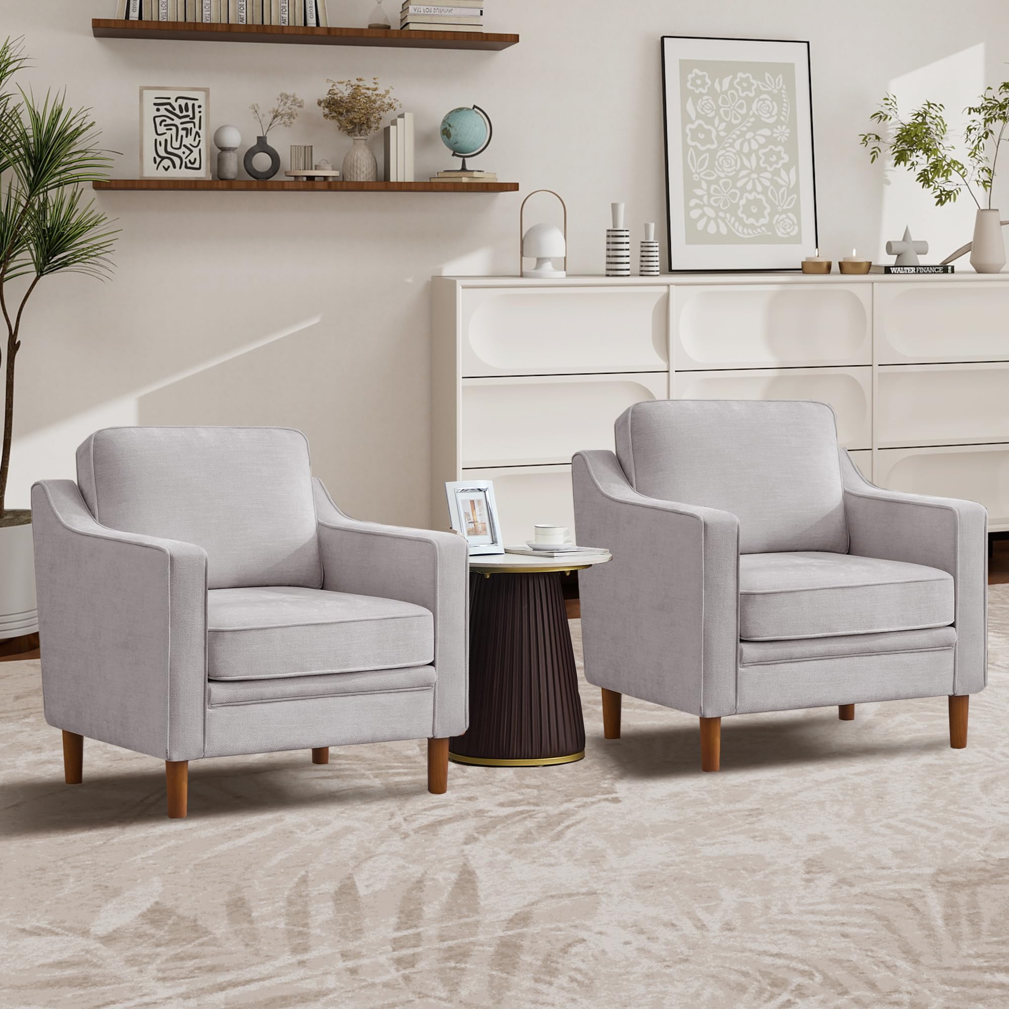 Kingfun Accent Chair Set of 2, Living Room Chairs, Faux Leather Reading Armchair, Mid Century with Solid Wood Foot, Upholstered Modern Decor for Bedroom, Apartment, Brown