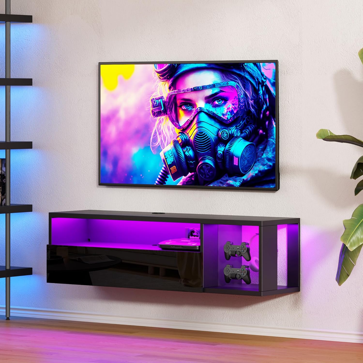 SogesPower Floating TV Stand Wall Mounted with Lights,LED TV Stand Floating Entertainment Center with Storage for Bedroom Living Room,Modern Floating Shelf for Under TV,Black 40inch