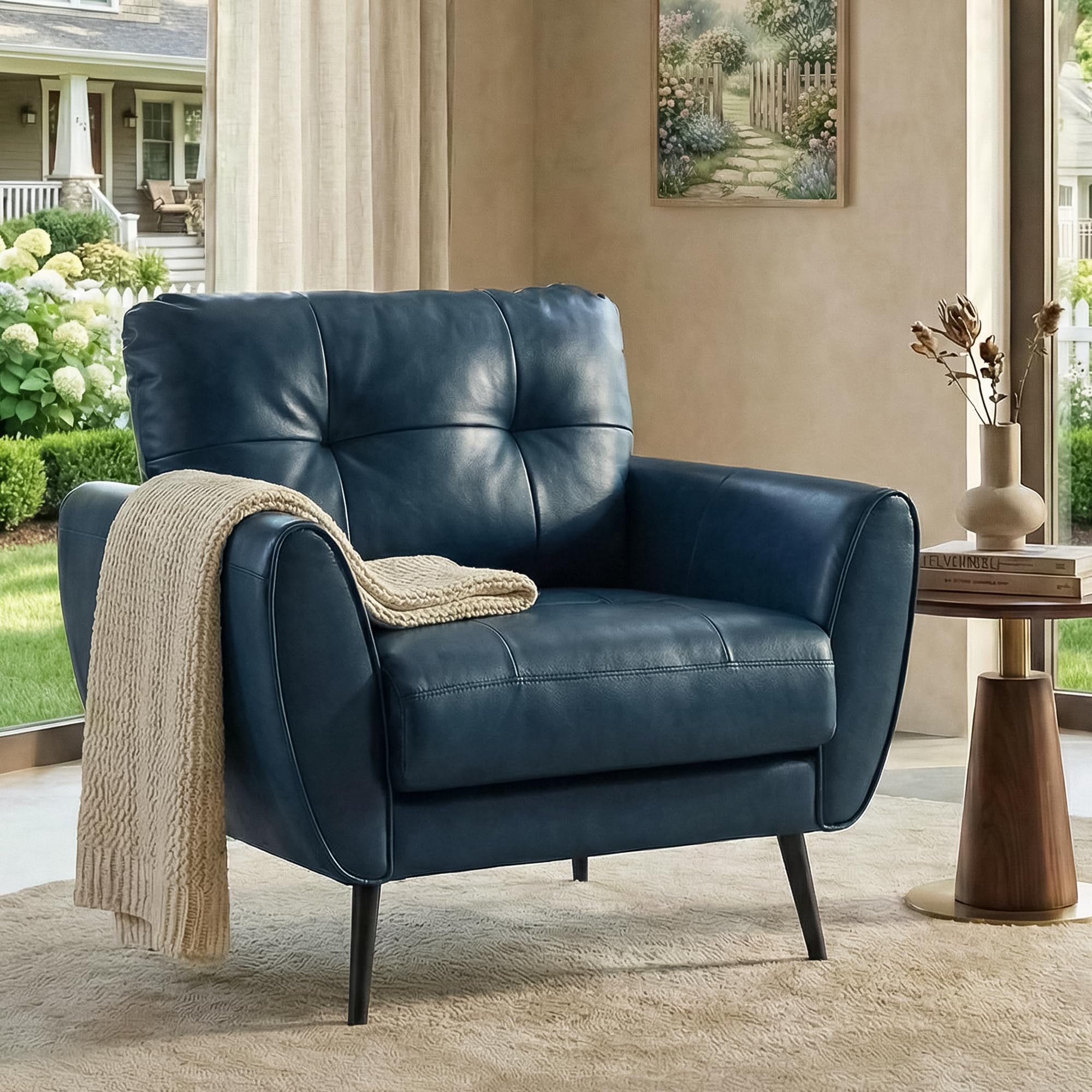 TYBOATLE Accent Chairs Set of 2, Comfy Modern Living Room Brown Leather Reading Accent Chairs Tufted Mid Century Arm Chair Small Salon Chair for Office Bedroom (2, Brown)