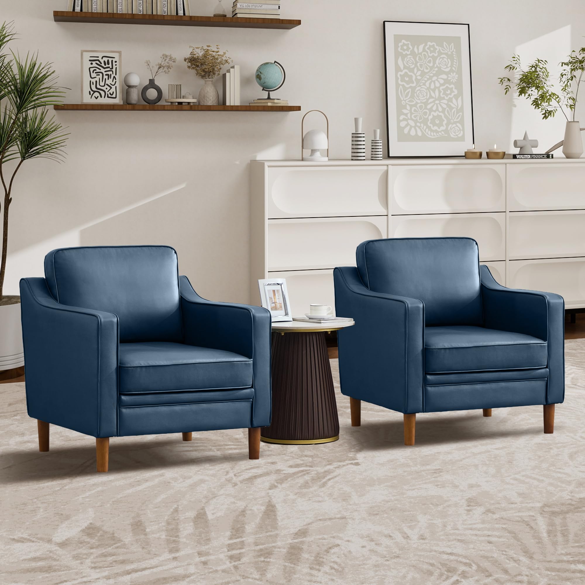 Kingfun Accent Chair Set of 2, Living Room Chairs, Faux Leather Reading Armchair, Mid Century with Solid Wood Foot, Upholstered Modern Decor for Bedroom, Apartment, Brown