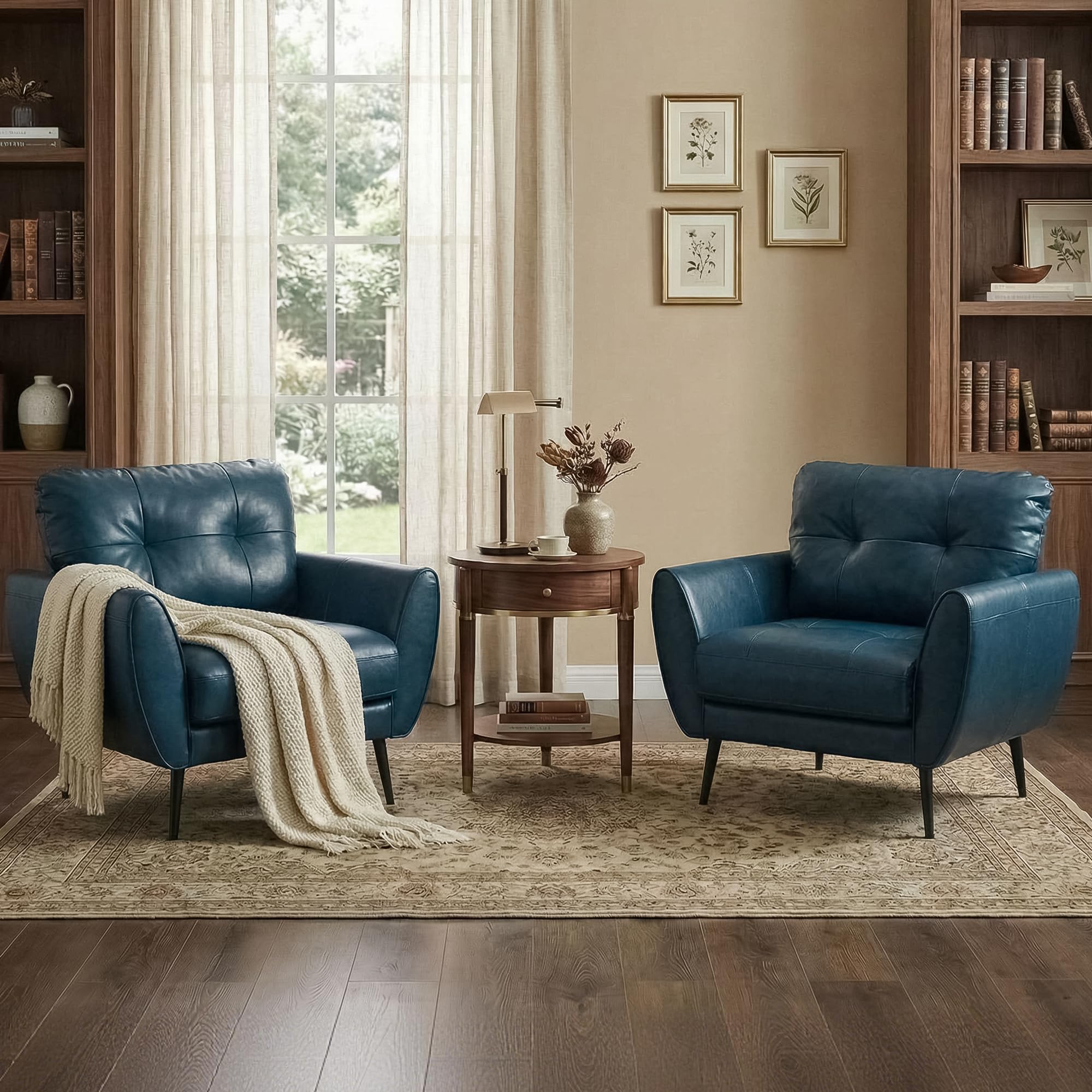TYBOATLE Accent Chairs Set of 2, Comfy Modern Living Room Brown Leather Reading Accent Chairs Tufted Mid Century Arm Chair Small Salon Chair for Office Bedroom (2, Brown)