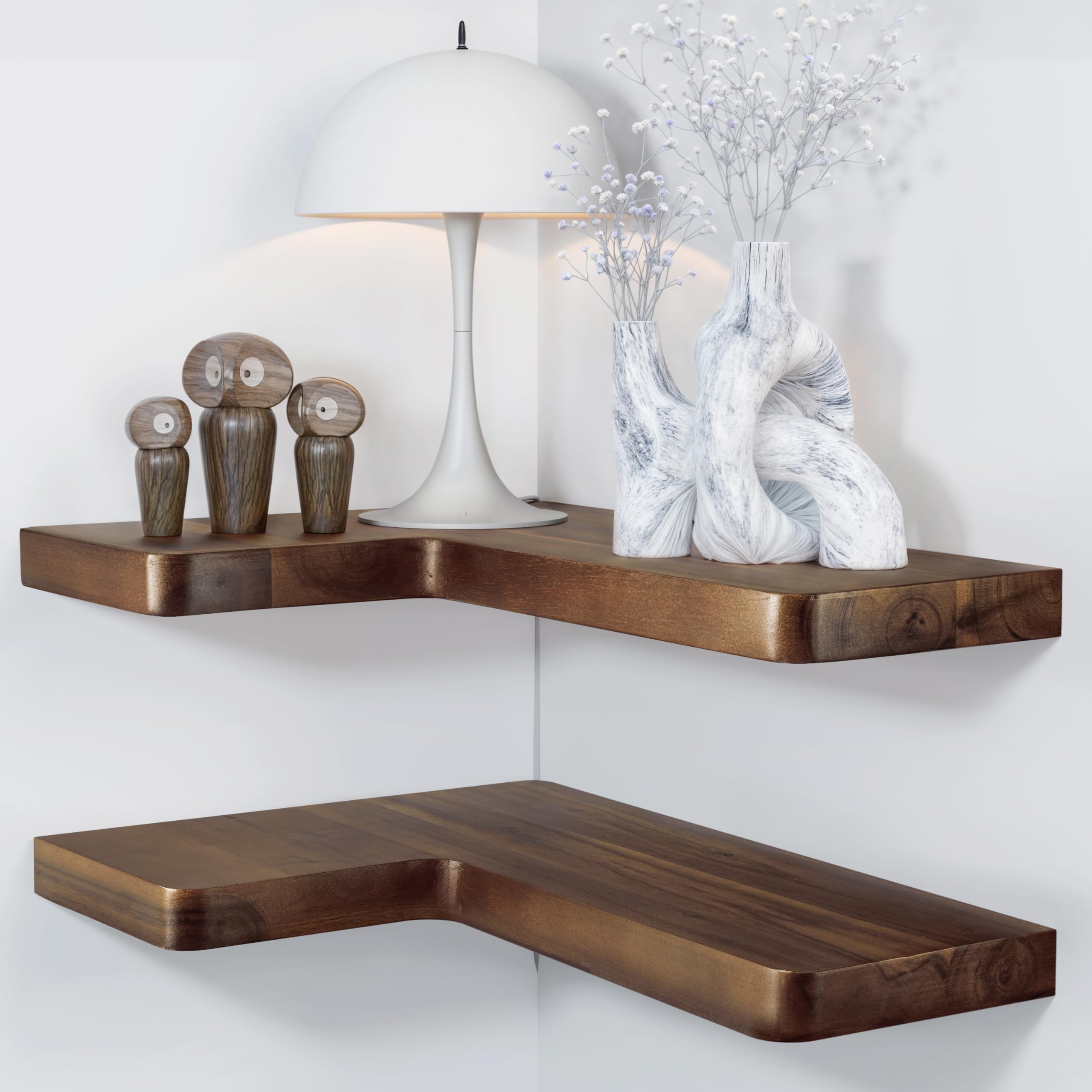 BATODA Acacia Wood Corner Floating Shelves 17" x 12"– Corner Shelf Wall Mounted - Floating Book Shelves for Wall - Brackets and Shelving Hardware Included for Kitchen, Living Room, Bathroom (Set 2)
