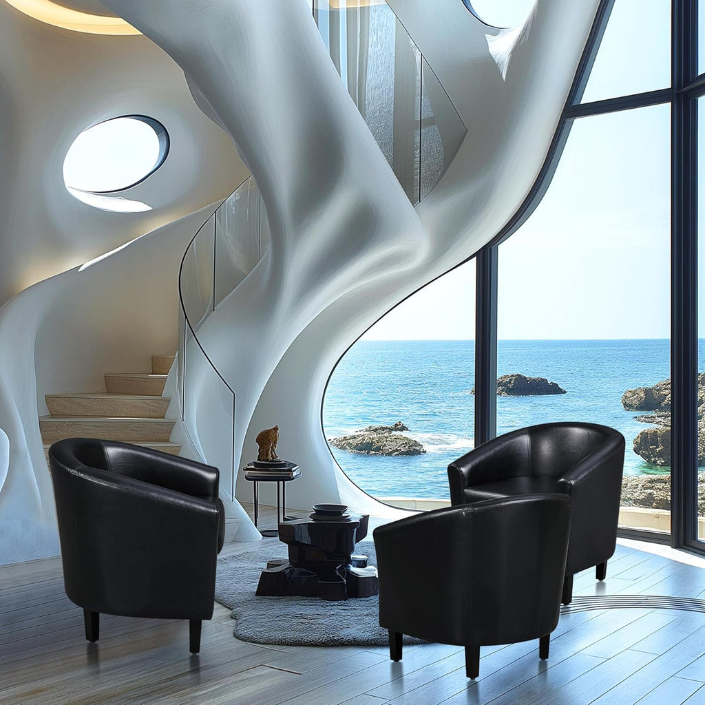 Yaheetech Barrel Chairs Set of 2, Faux Leather Club Armchairs, PU Leather Accent Chairs with Soft Padded Seat for Living Room Bedroom Waiting Reading Room, Black