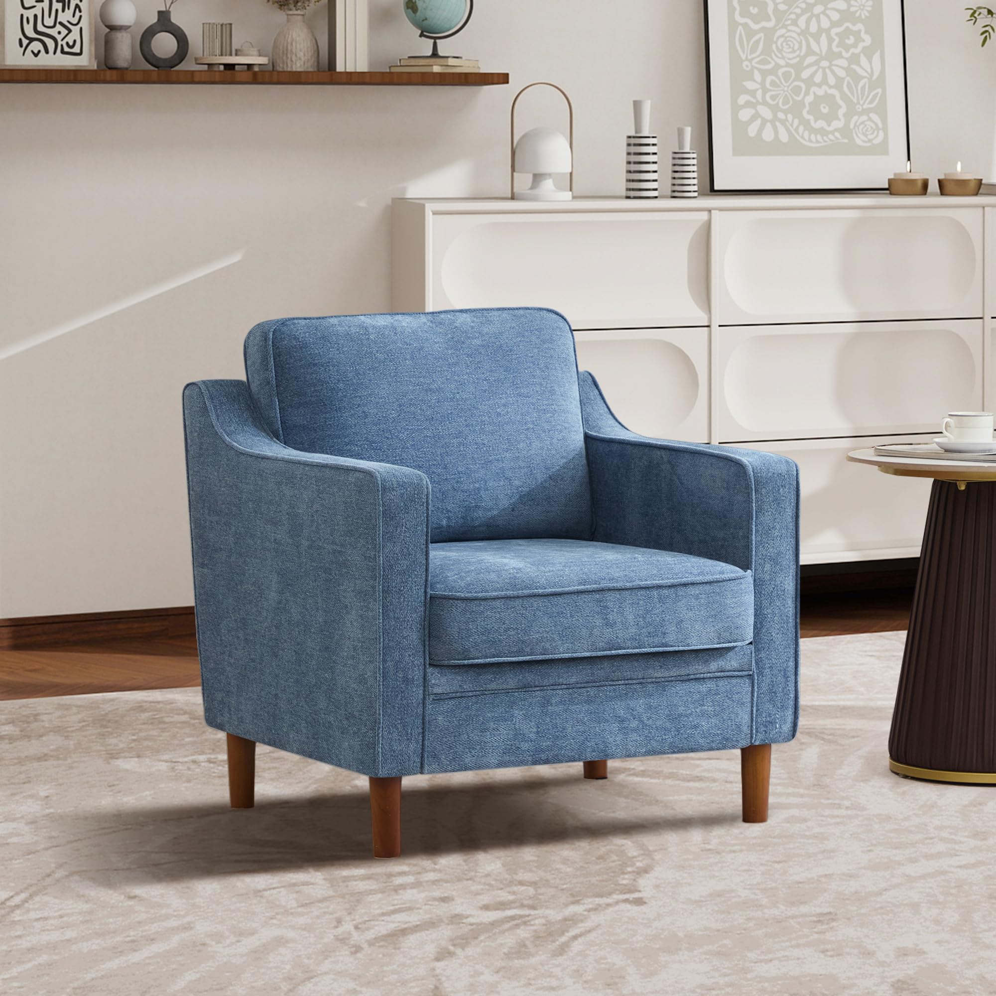 Kingfun Accent Chair Set of 2, Living Room Chairs, Faux Leather Reading Armchair, Mid Century with Solid Wood Foot, Upholstered Modern Decor for Bedroom, Apartment, Brown