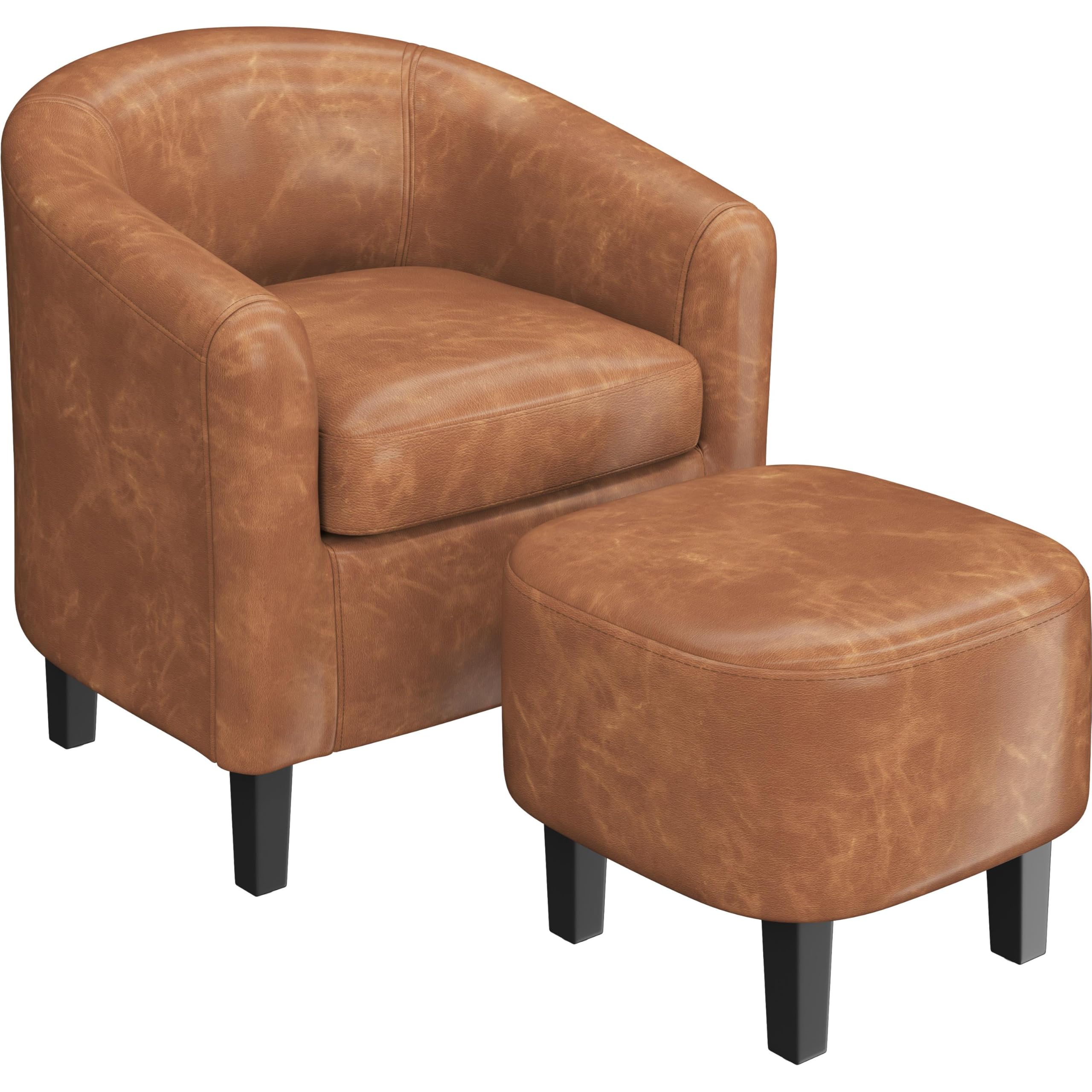 Yaheetech Leather Accent Chair, Faux Leather Armchair, Modern Barrel Club Chair with Soft Seat for Living Room Bedroom Reading Waiting Room, Brown