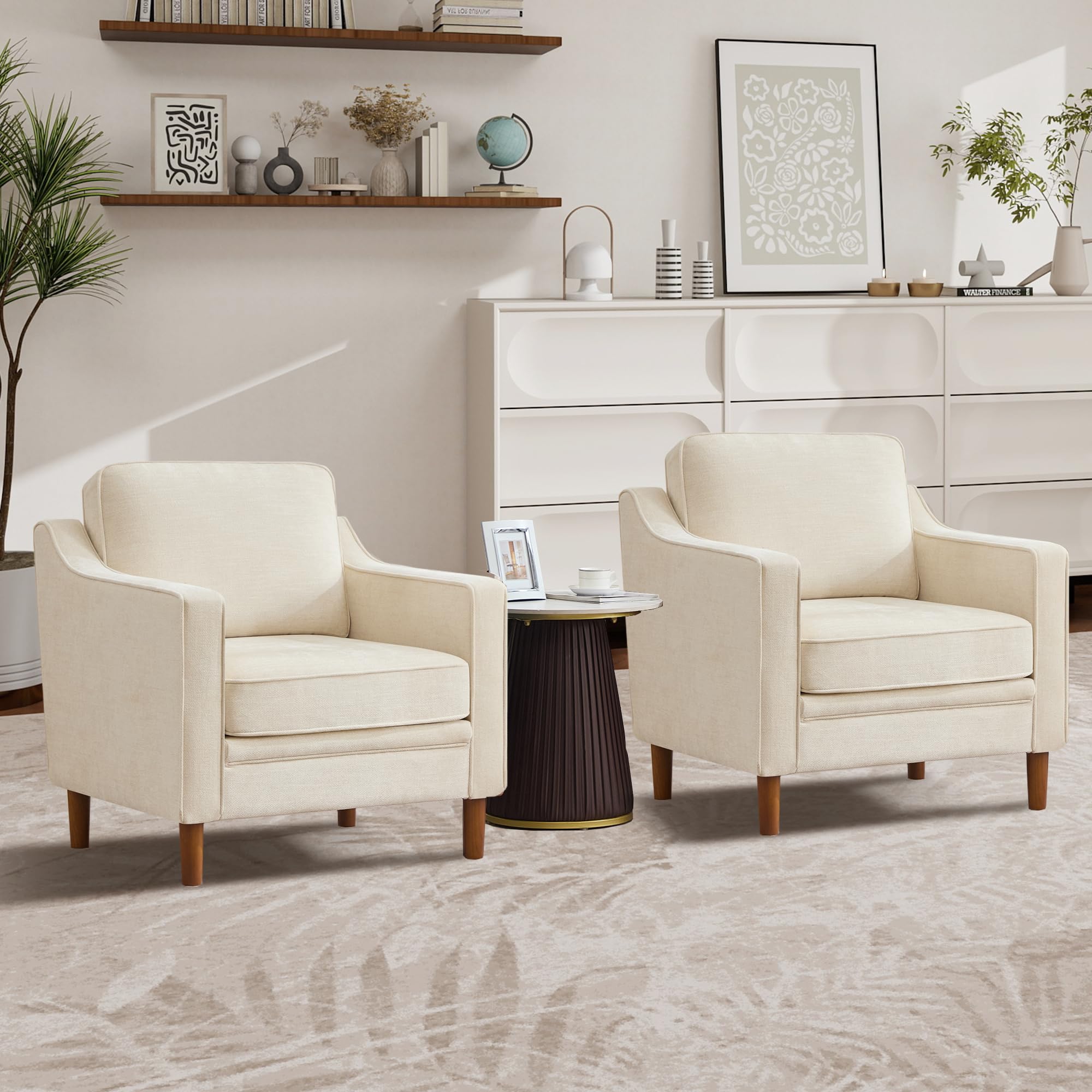 Kingfun Accent Chair Set of 2, Living Room Chairs, Faux Leather Reading Armchair, Mid Century with Solid Wood Foot, Upholstered Modern Decor for Bedroom, Apartment, Brown