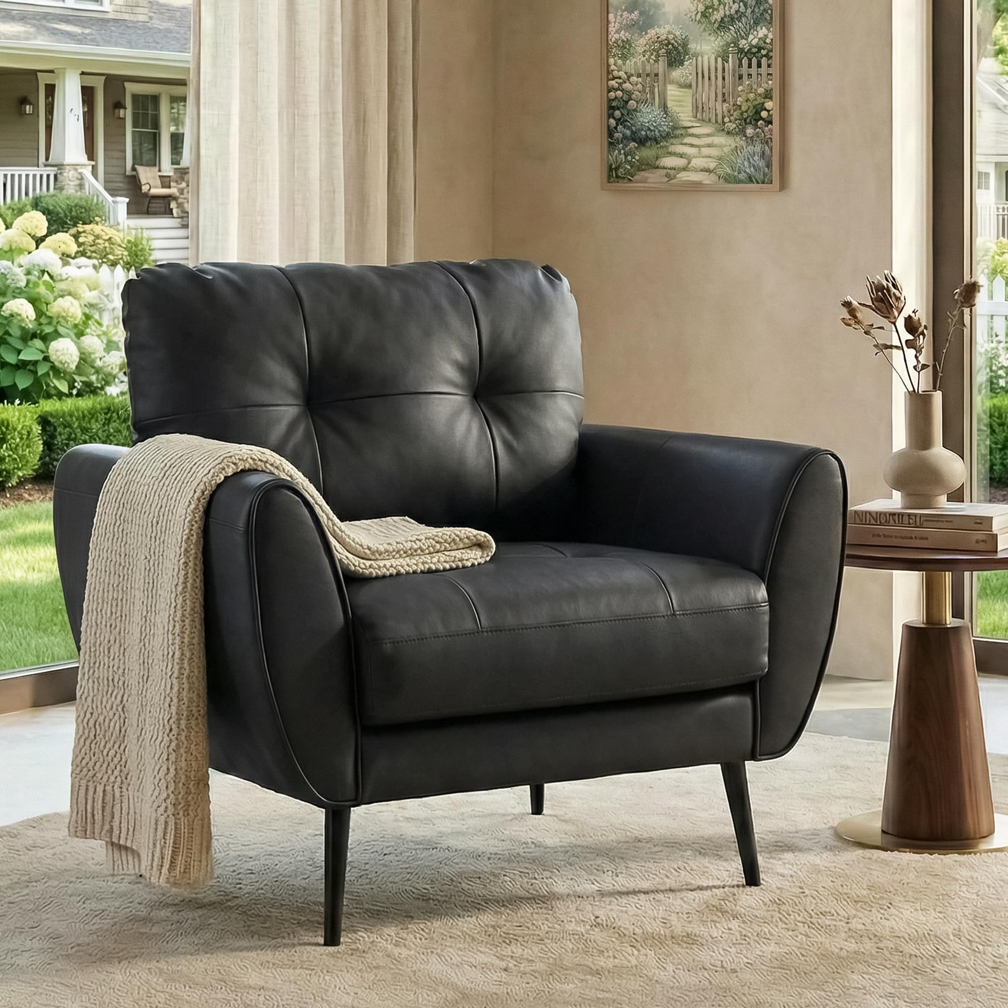 TYBOATLE Accent Chairs Set of 2, Comfy Modern Living Room Brown Leather Reading Accent Chairs Tufted Mid Century Arm Chair Small Salon Chair for Office Bedroom (2, Brown)