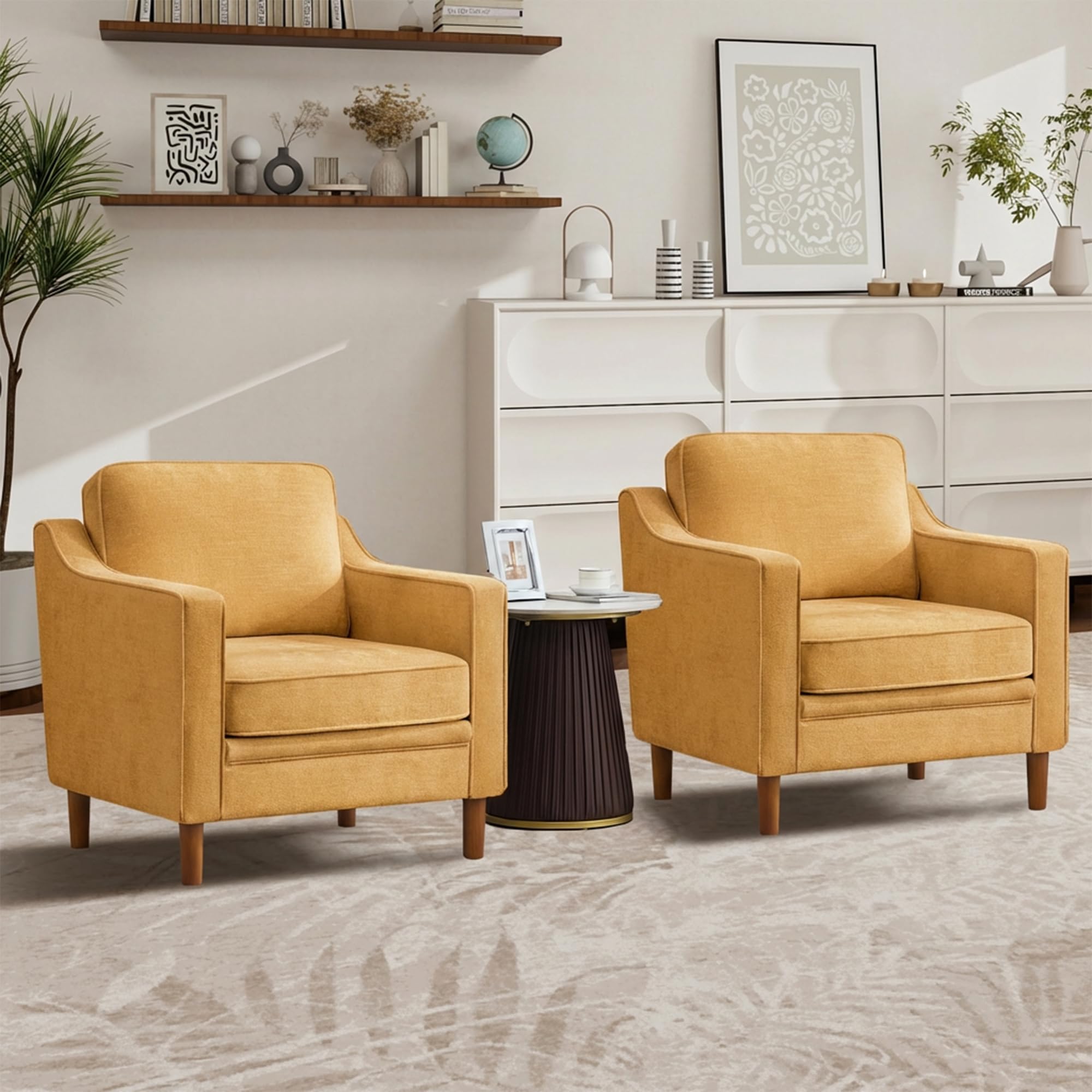 Kingfun Accent Chair Set of 2, Living Room Chairs, Faux Leather Reading Armchair, Mid Century with Solid Wood Foot, Upholstered Modern Decor for Bedroom, Apartment, Brown