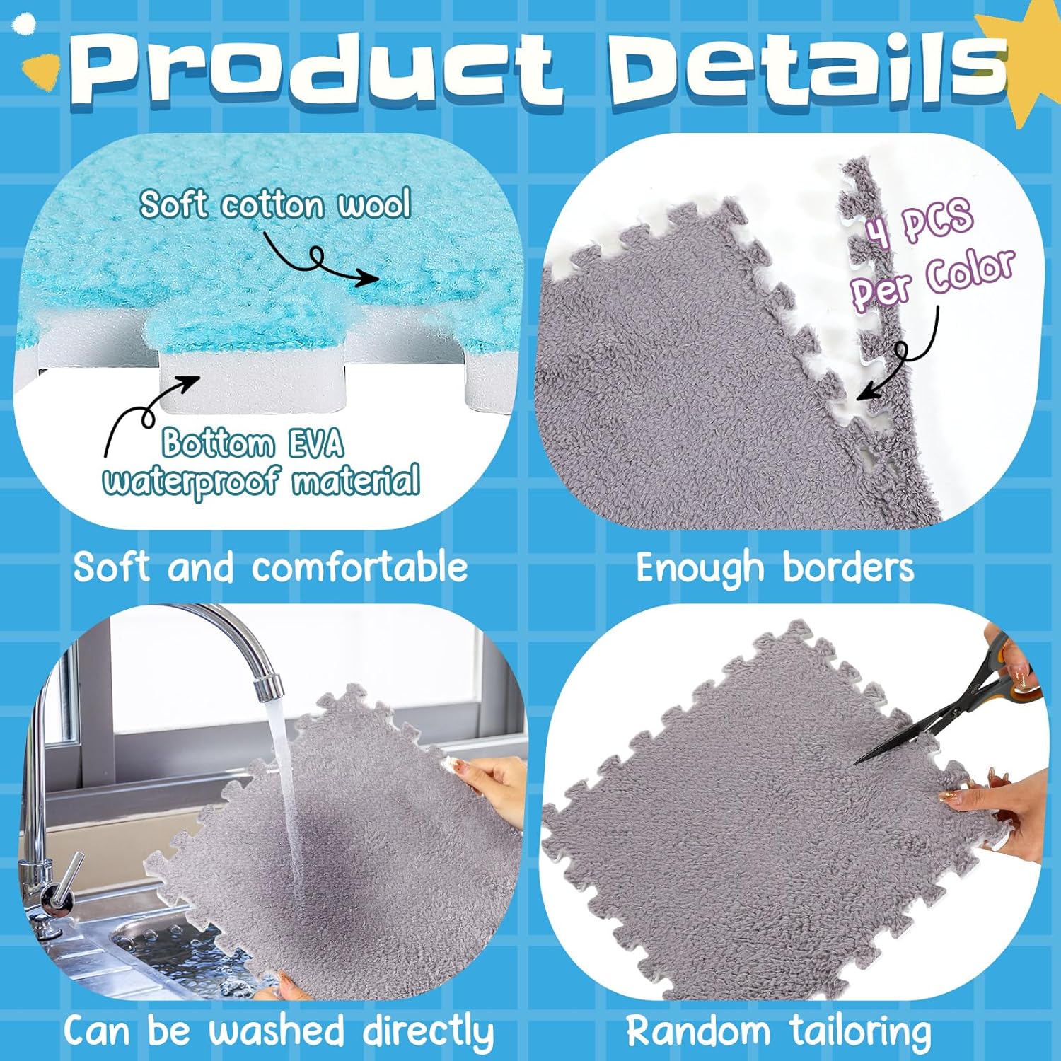 Timgle 18 Pcs Interlocking Carpet Plush Foam Shaggy Soft Square Carpet Tiles with Border 12" Fluffy Colorful Floor Mats 0.4" Thick Protective Puzzle Playroom Area Rug Playmat for Bedroom