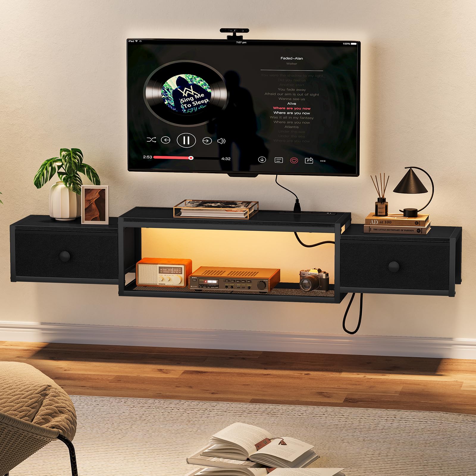 Snughome Floating TV Stand with Power Outlet 55", Wall Mounted Entertainment Center with LED Lights, Floating TV Shelf with Drawer, Wall Mounted Media Console Shelf for Living Room, Bedroom
