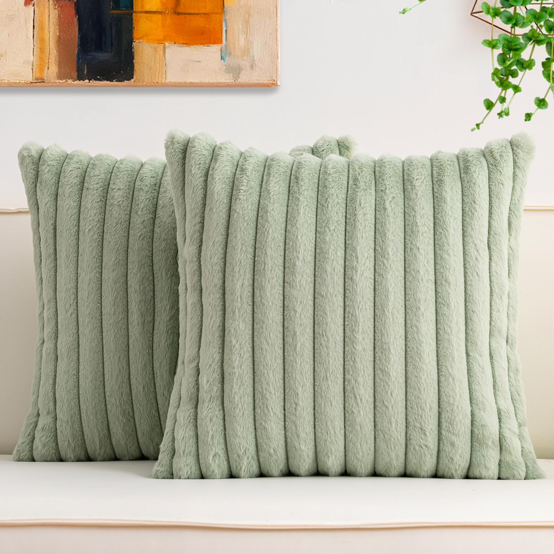 Aegero Pack of 2 Faux Fur Christmas Throw Pillow Covers 18x18 Inch, Soft Plush Striped Neutral Couch Pillow Cover, with Velvet Back Modern Home Decor for Sofa Living Room Couch Bed Cream White