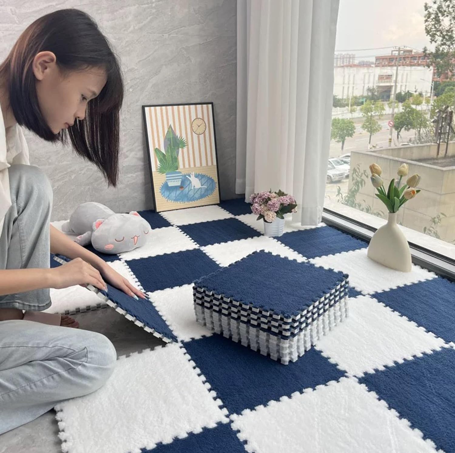 16 Pcs Kids Foam Interlocking Carpet Tiles with Border, Thick Carpet Squares Plush Floor Playmats Baby Crawling Rug - 49" x 49" (Navy Blue, 16 Tiles)