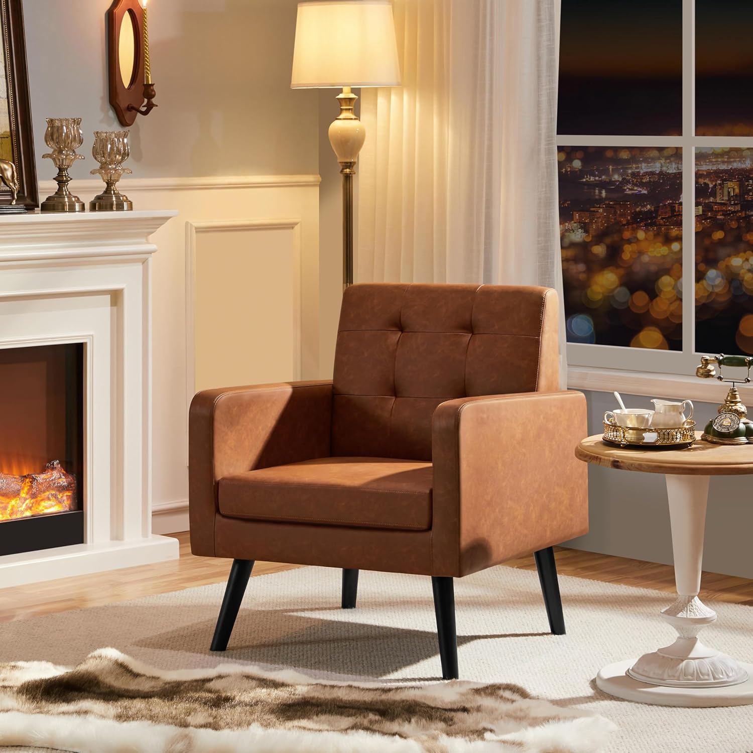 Yaheetech Mid-Century Accent Chairs, PU Leather Modern Upholstered Living Room Chair, Cozy Armchair Button Tufted Back and Wood Legs for Bedroom/Office/Cafe, Retro Brown 2 PCS