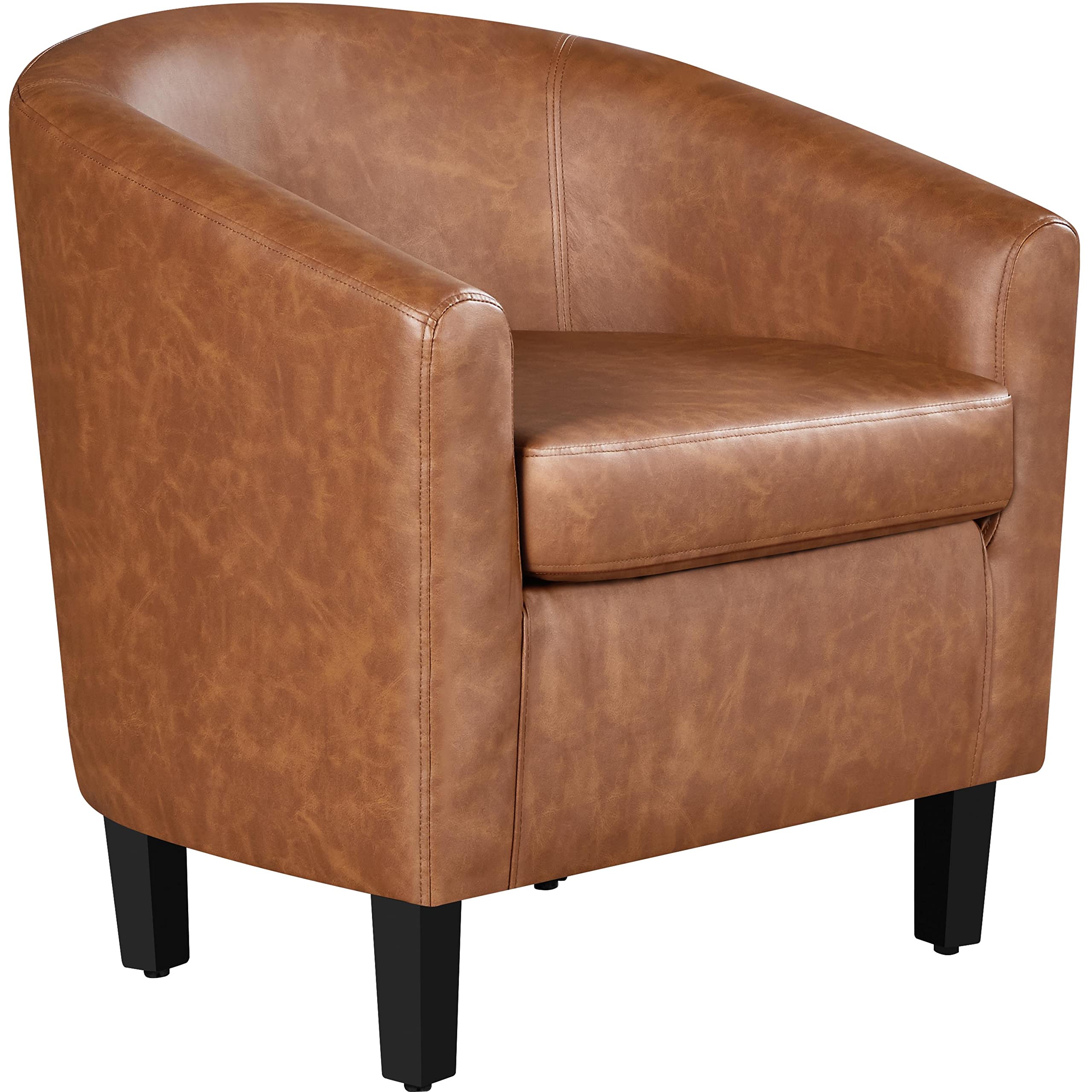 Yaheetech Leather Accent Chair, Faux Leather Armchair, Modern Barrel Club Chair with Soft Seat for Living Room Bedroom Reading Waiting Room, Brown