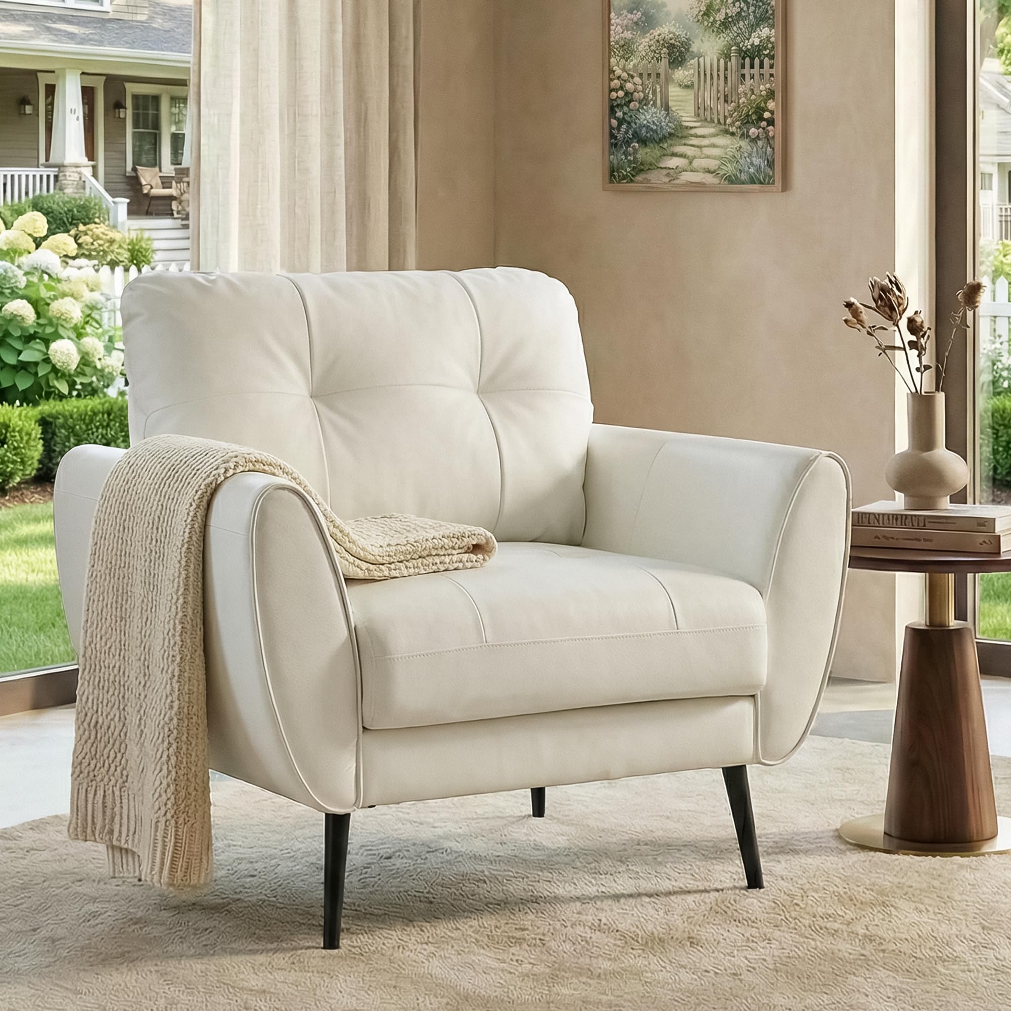 TYBOATLE Accent Chairs Set of 2, Comfy Modern Living Room Brown Leather Reading Accent Chairs Tufted Mid Century Arm Chair Small Salon Chair for Office Bedroom (2, Brown)