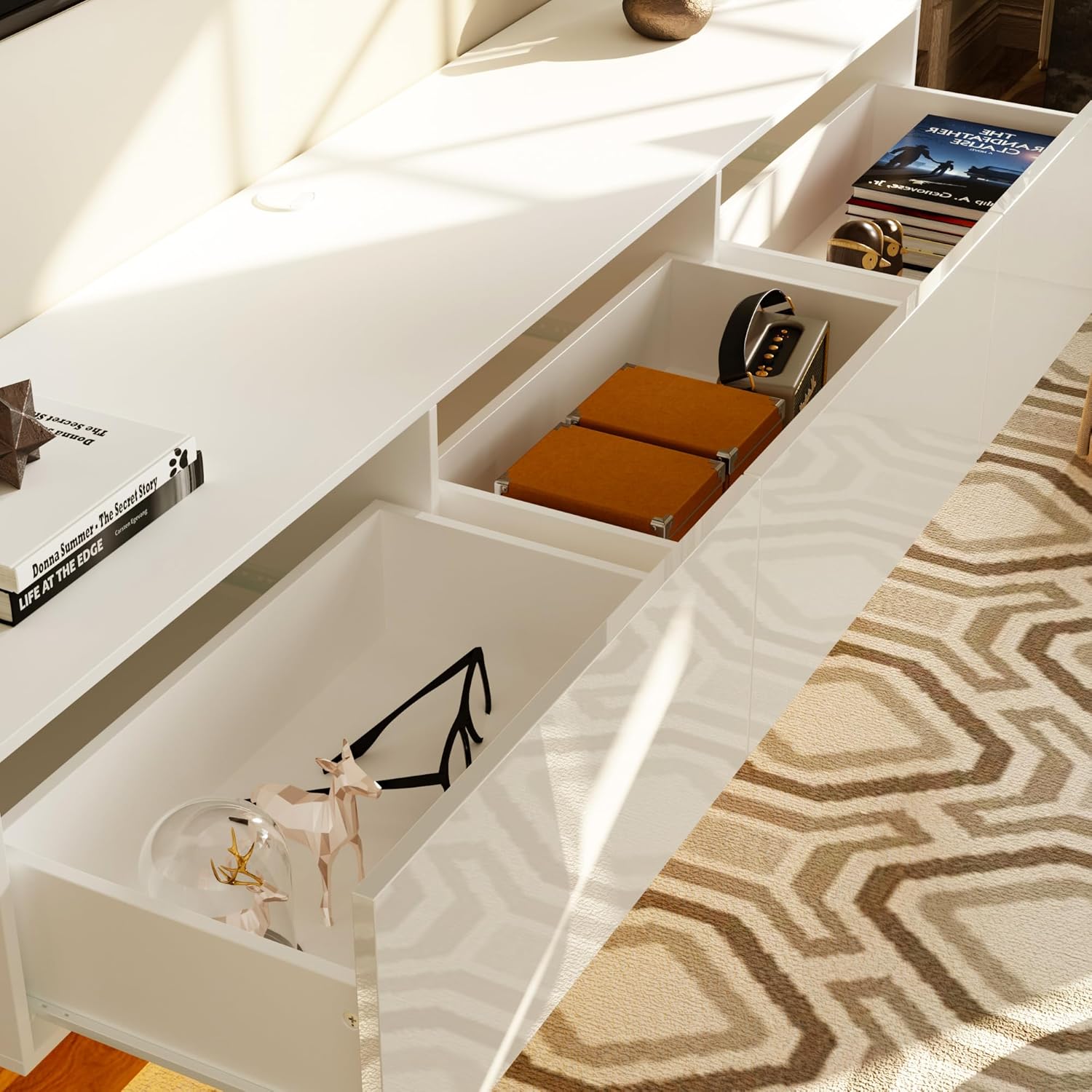 Floating LED TV Stand for TVs up to 70 Inch, Wall Mounted Entertainment Center with LED Lights, 63" Large Storage Media Console with 3 Drawers for Living Room, White