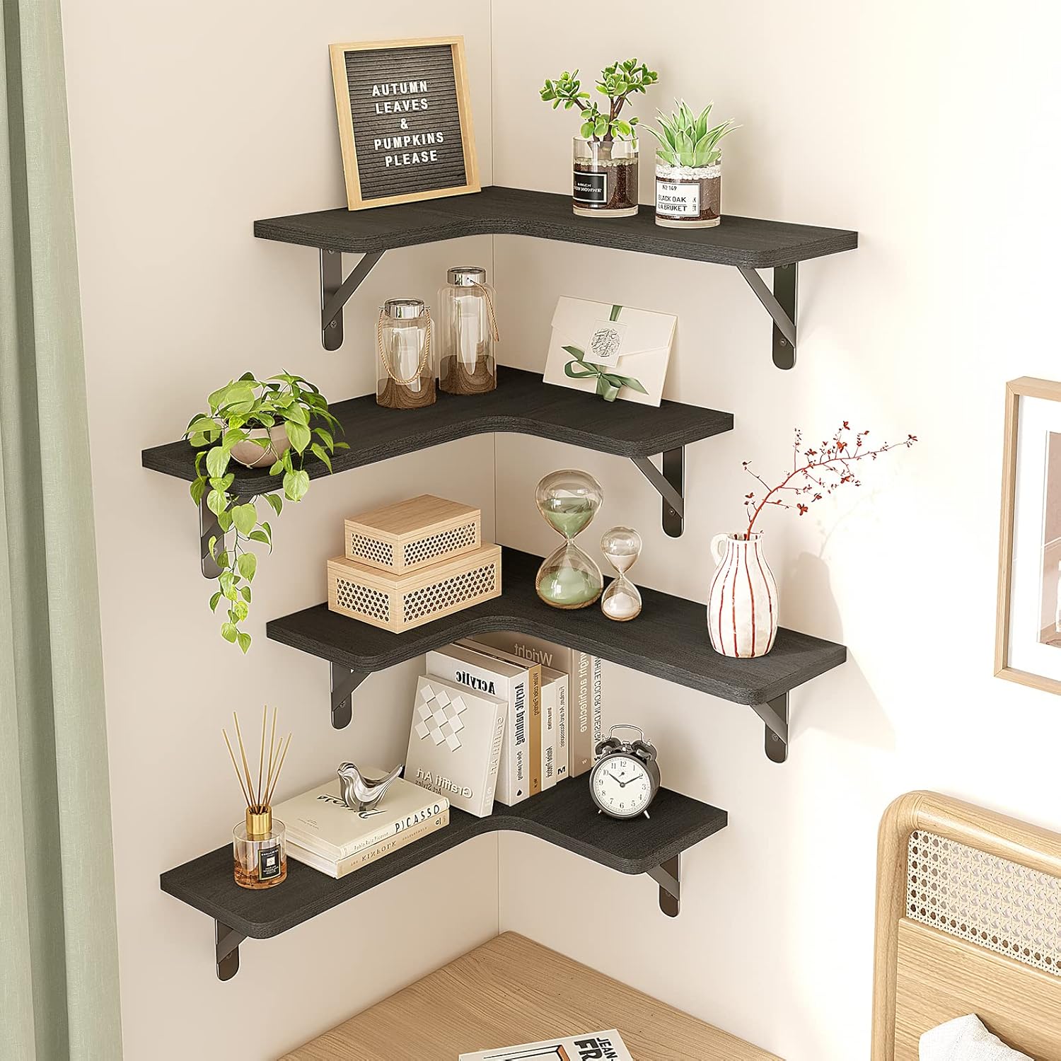 Fixwal Corner Shelves Floating Shelves for Wall Bathroom Kitchen Bedroom Home Decor Laundry Room Living Room Set of 5 (Black)
