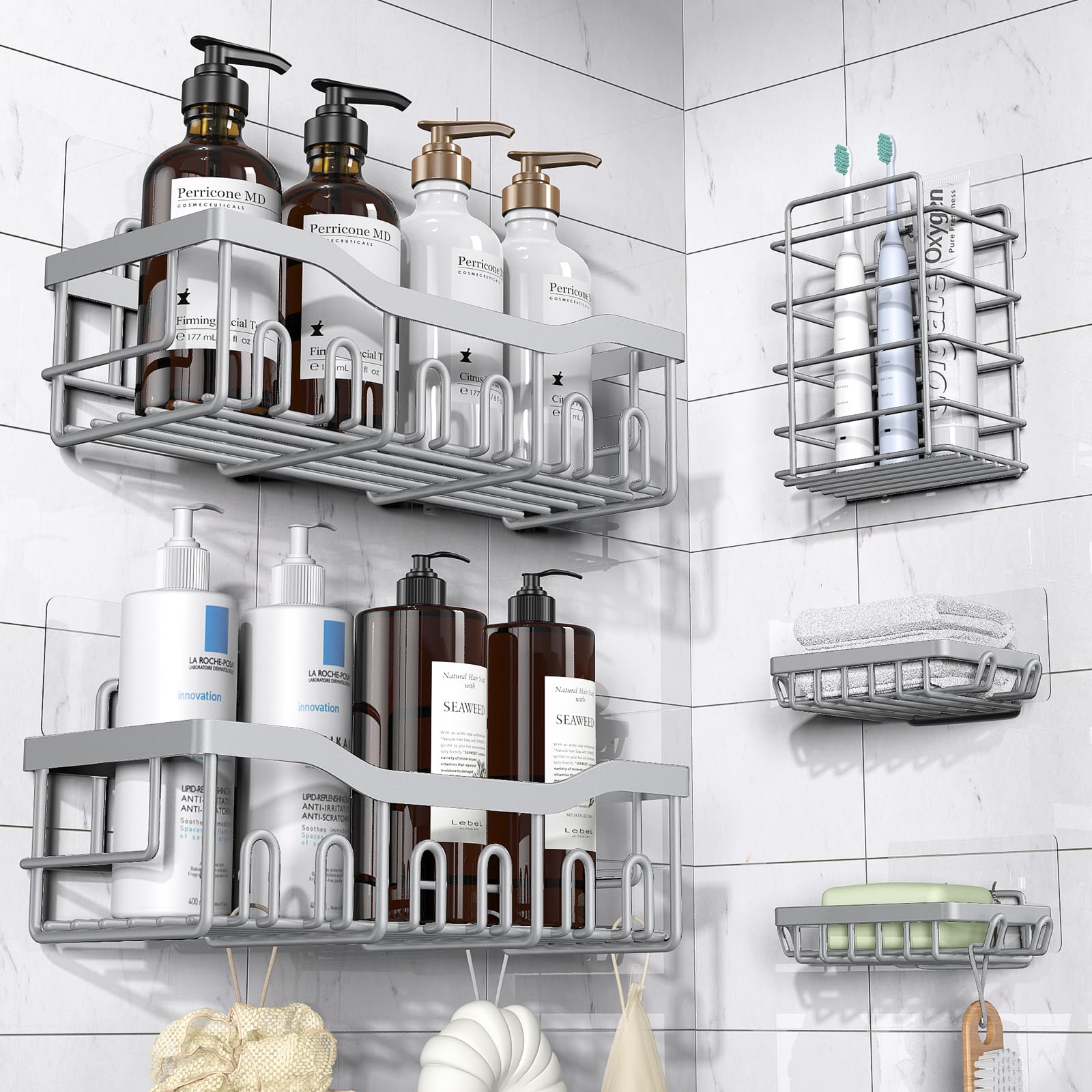 EUDELE Adhesive Shower Caddy, 5 Pack Rustproof Stainless Steel Bath Organizers With Large Capacity, No Drilling Shelves for Bathroom Storage & Home Decor