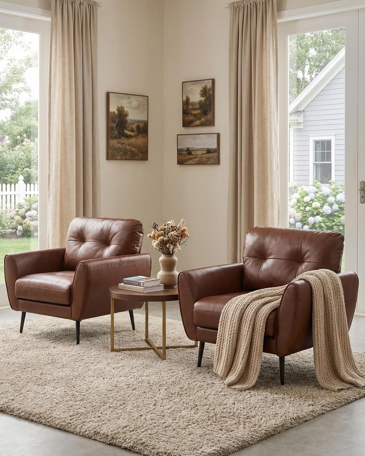 TYBOATLE Accent Chairs Set of 2, Comfy Modern Living Room Brown Leather Reading Accent Chairs Tufted Mid Century Arm Chair Small Salon Chair for Office Bedroom (2, Brown)