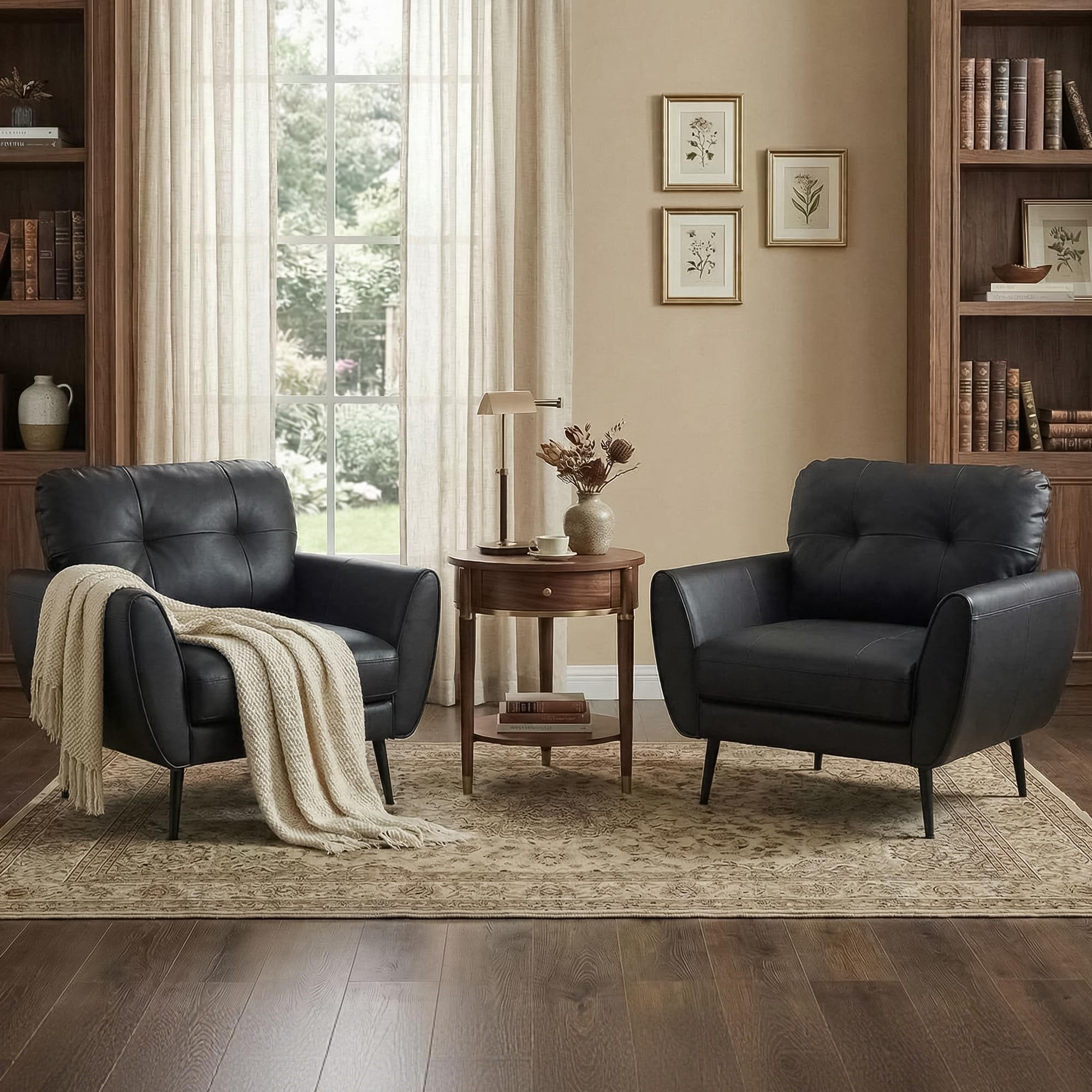 TYBOATLE Accent Chairs Set of 2, Comfy Modern Living Room Brown Leather Reading Accent Chairs Tufted Mid Century Arm Chair Small Salon Chair for Office Bedroom (2, Brown)