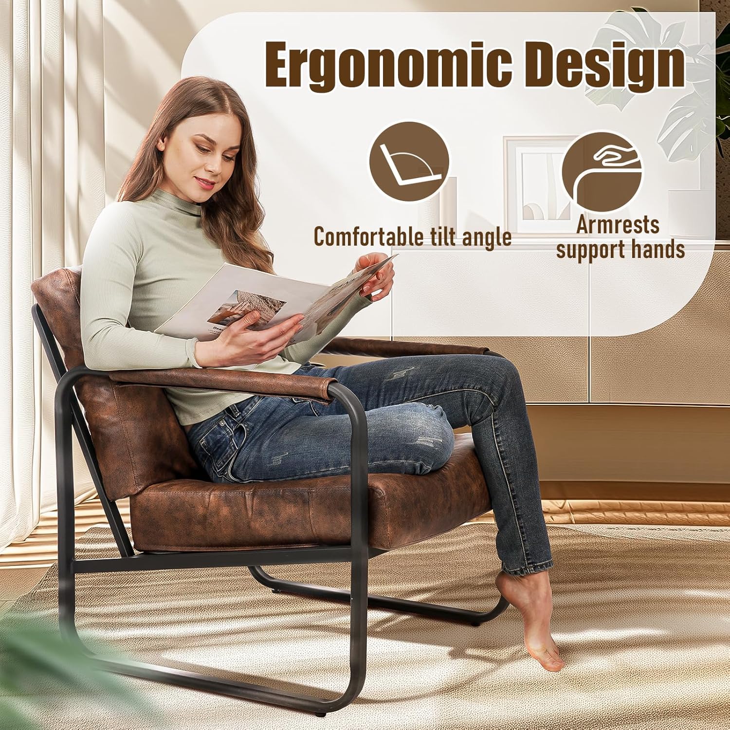 PrimeZone Mid-Century Modern Accent Chair Set of 2 - Comfy Faux Leather Living Room Chair, Lounge Armchair with Extra Soft Padded & Cushion, Ergonomic Accent Chair for Bedroom, Office, Brown
