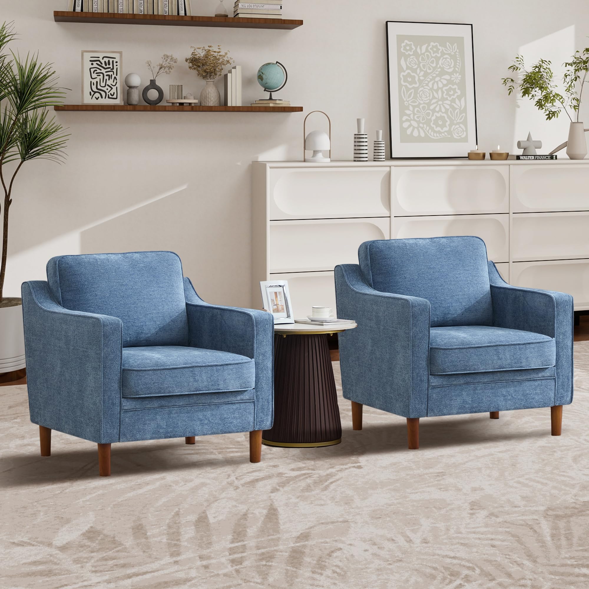 Kingfun Accent Chair Set of 2, Living Room Chairs, Faux Leather Reading Armchair, Mid Century with Solid Wood Foot, Upholstered Modern Decor for Bedroom, Apartment, Brown