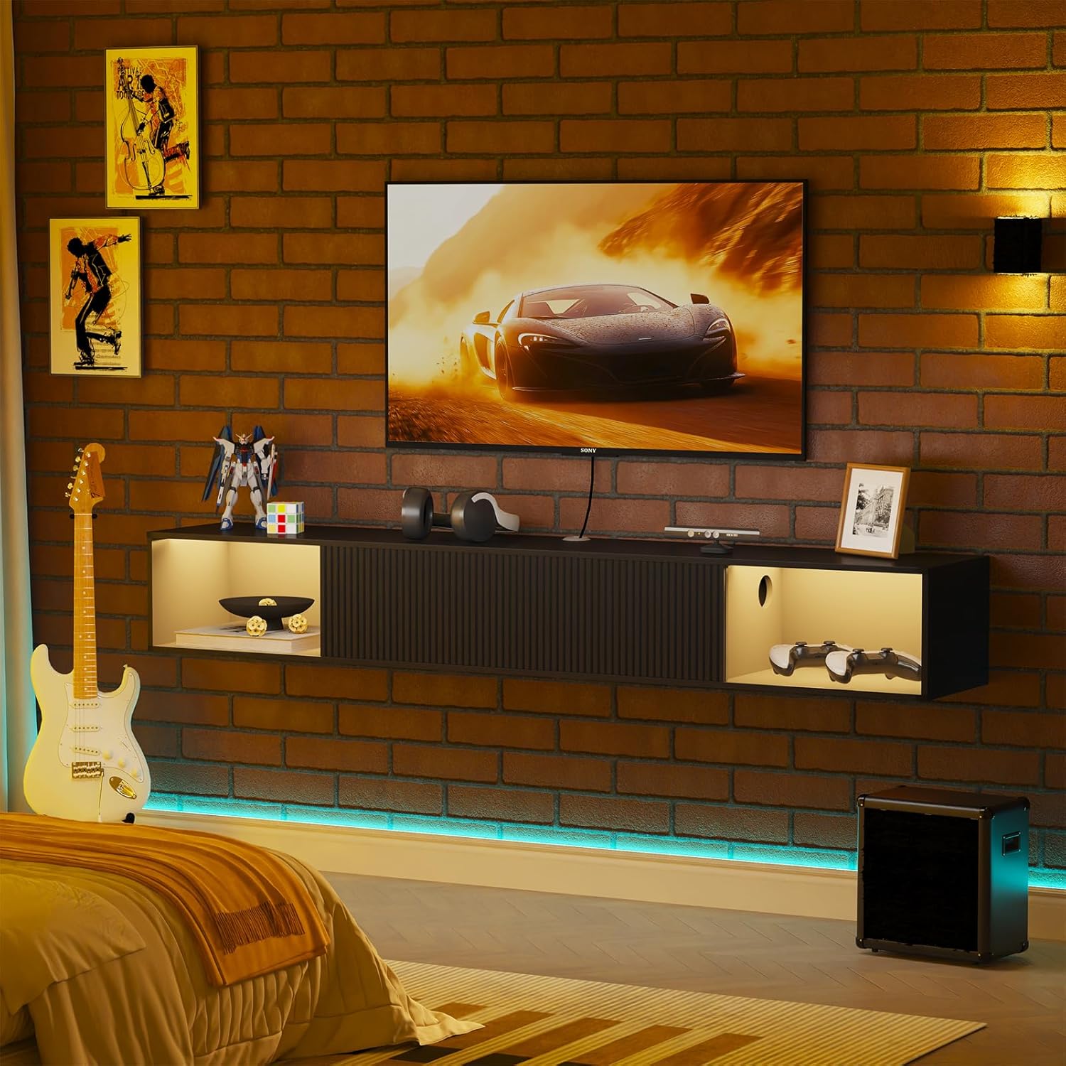 55" Floating TV Stand with LED Light, Floating TV Stand Wall Mounted, Floating Entertainment Center with Storage Long for Bedroom, Wood Floating TV Shelf for Living Room (Black)