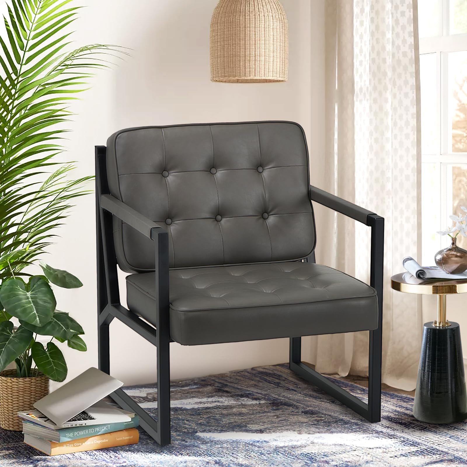 COLAMY Mid Century Modern Accent Chair Set of 2, Comfy Living Room Chair, Black Leather Accent Chair, Faux Leather Reception Armchair with Metal Legs for Living Room Bedroom Reception Office, Black