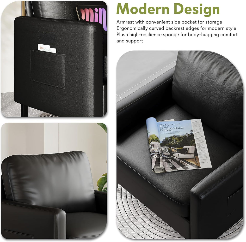 STHOUYN Black Faux Leather Accent Chair Set of 2 with Arms, Modern Small Accent Office Chair, Waiting Room Chairs for Living Room Bedroom with Metal Legs