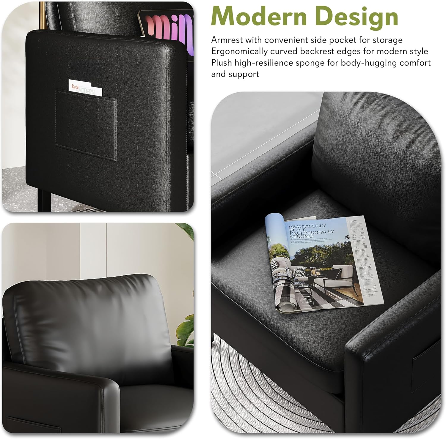 STHOUYN Black Faux Leather Accent Chair Set of 2 with Arms, Modern Small Accent Office Chair, Waiting Room Chairs for Living Room Bedroom with Metal Legs