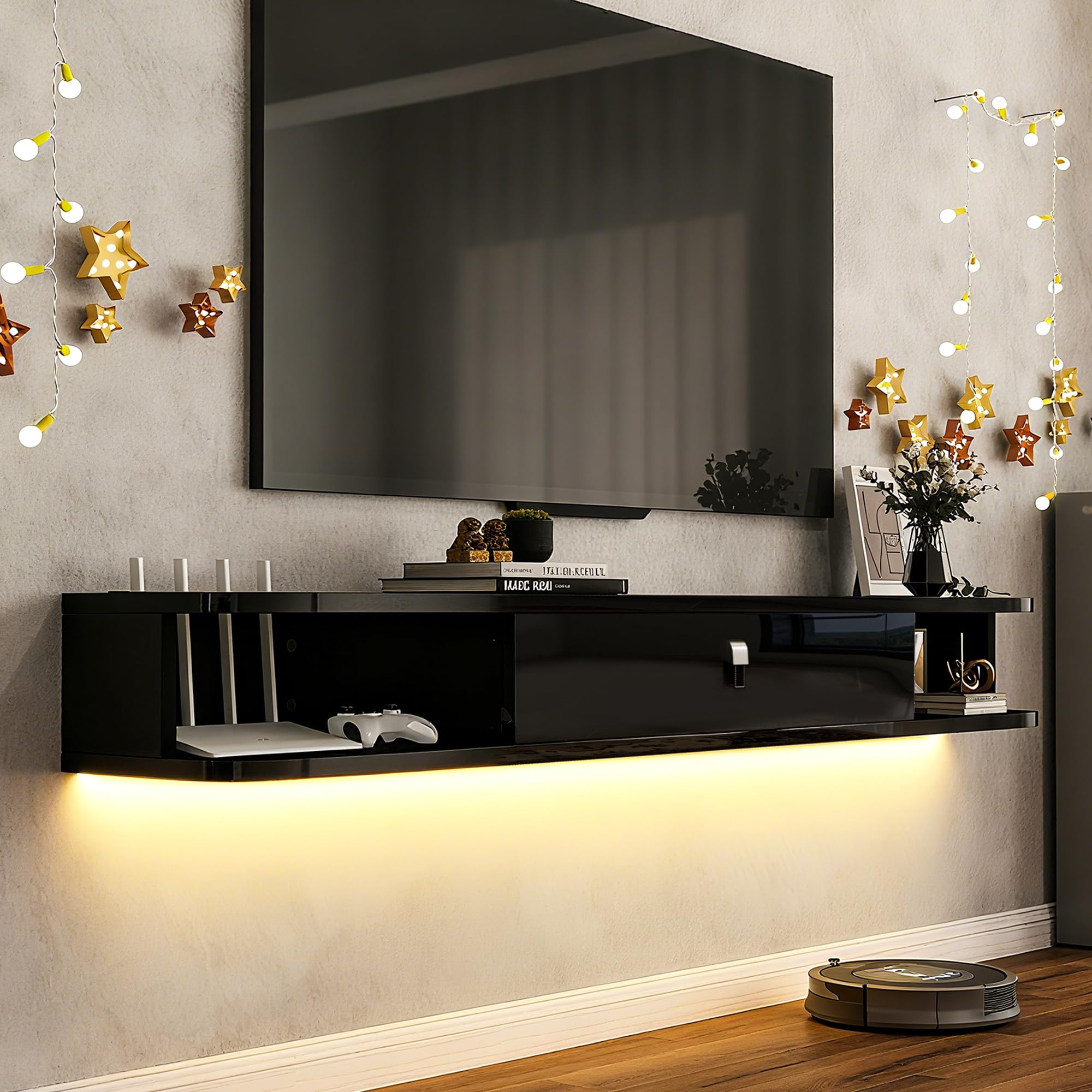 Real Relax 55.1" Floating TV Stand with Led Lights, High Gloss Modern Entertainment Center Media Console with Storage, 55.1 inch Wall Mounted TV Shelf for 55/65 inch TV, White