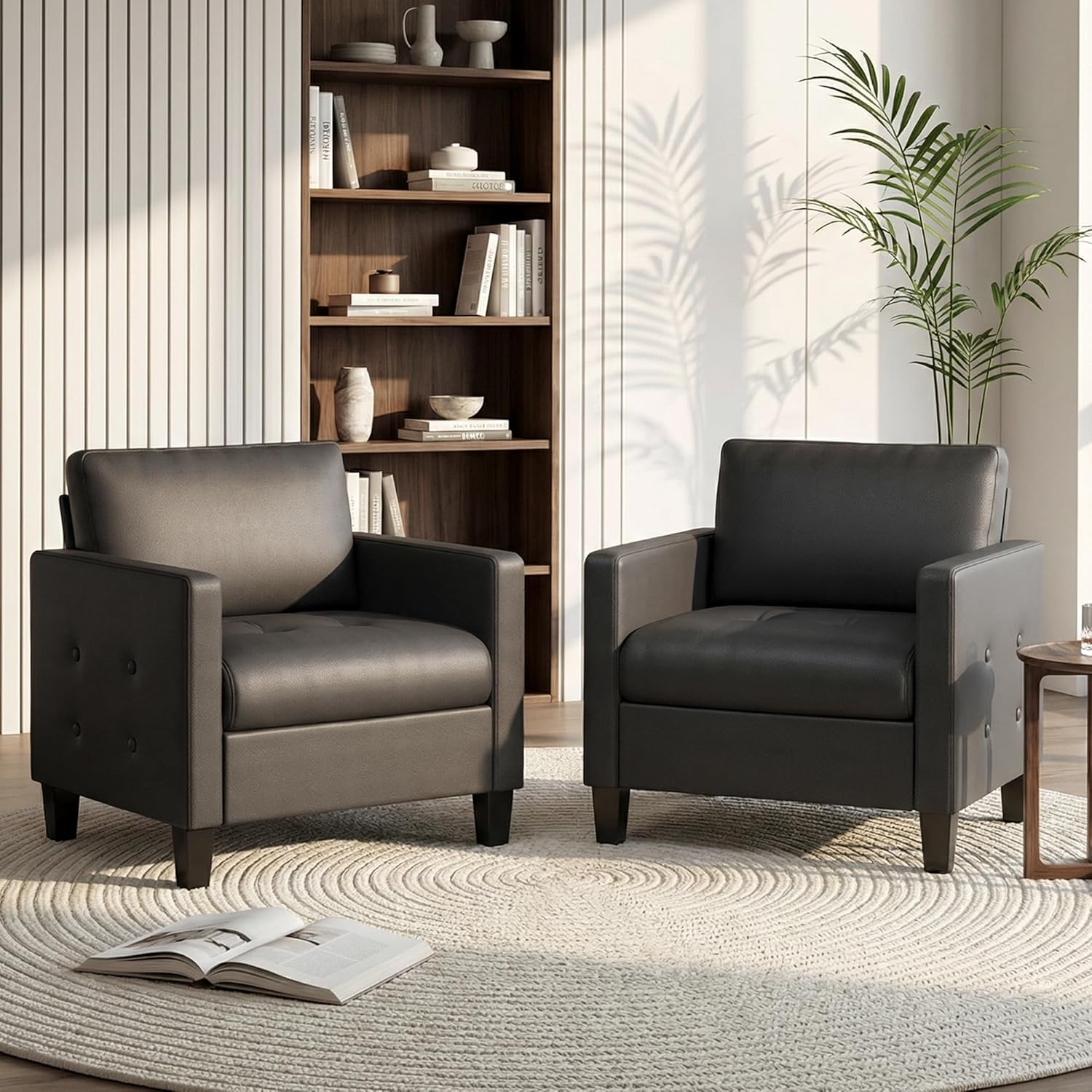 STHOUYN Accent Chairs Set of 2, Black Faux Leather Chair, Mid-Century Modern Living Room Chairs, Cozy Office Reading Chair with Tufted Armrest and Seat, Armchairs for Waiting Room, Bedroom (2)