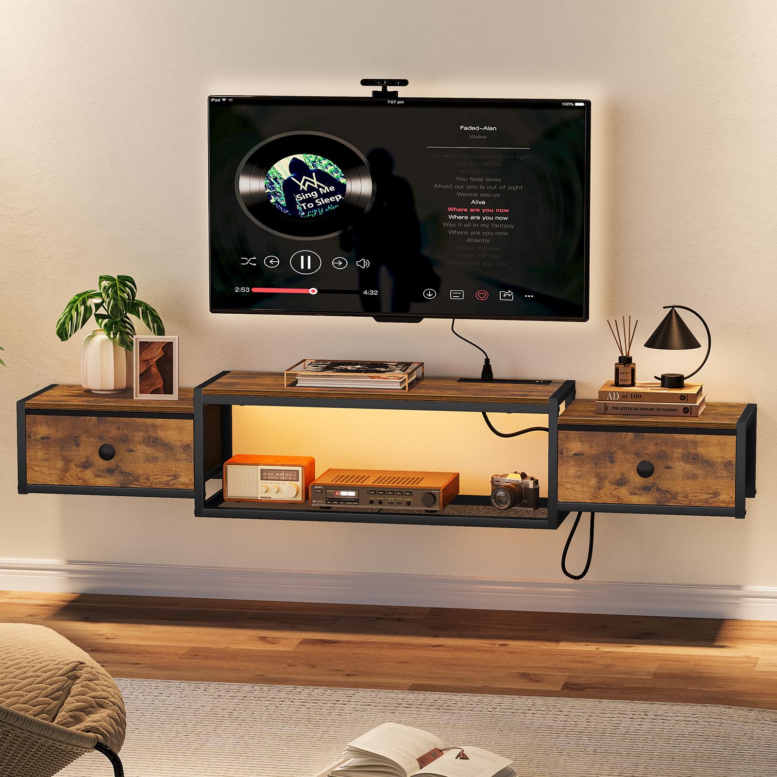 Snughome Floating TV Stand with Power Outlet 55", Wall Mounted Entertainment Center with LED Lights, Floating TV Shelf with Drawer, Wall Mounted Media Console Shelf for Living Room, Bedroom