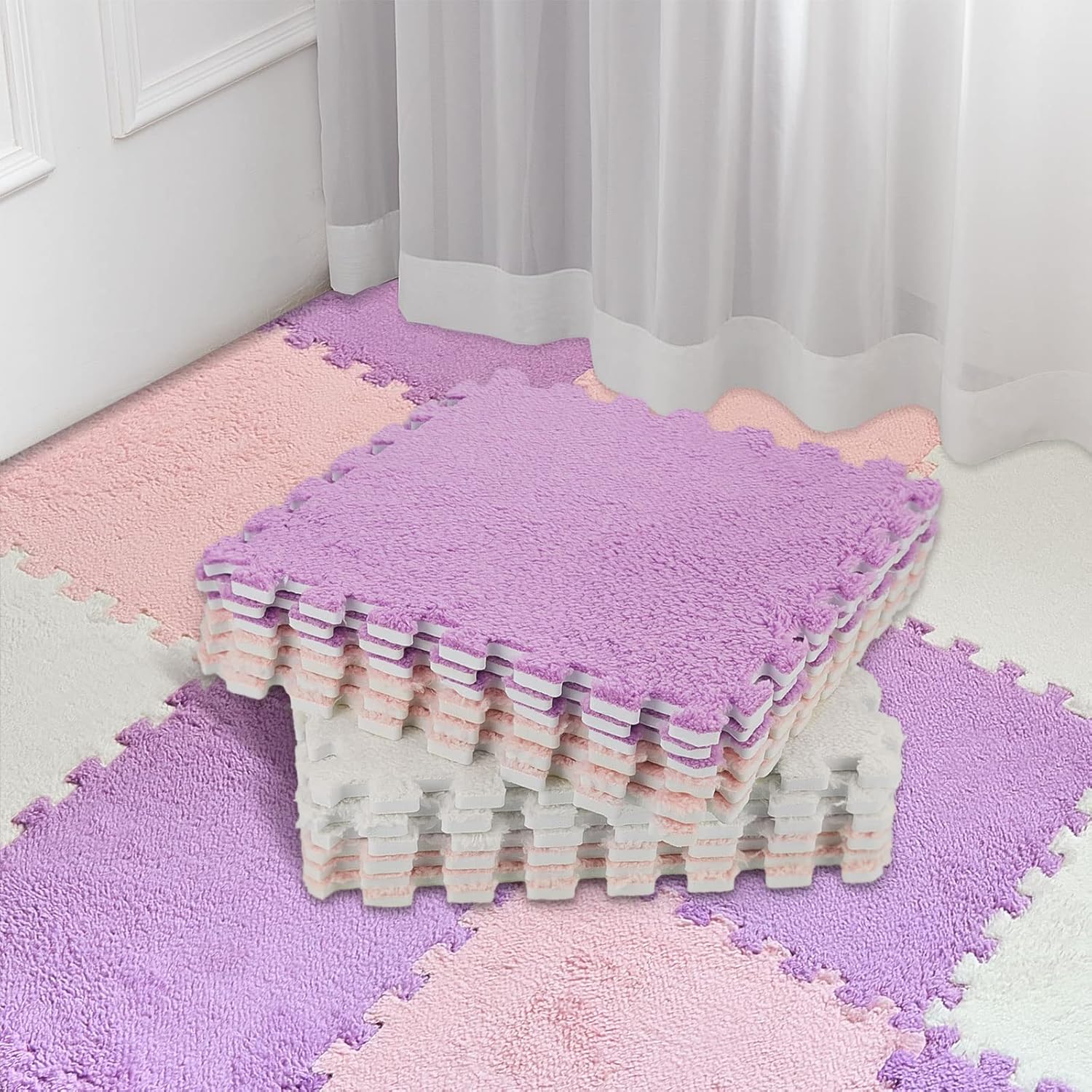 Amylove 72 Pieces Plush Foam Floor Mat Square Interlocking Carpet Tiles with Border 12 x 12 x 0.4 in Fluffy Play Mat Floor Tiles Soft Climbing Area Rugs for Home Playroom(White, Pink, Purple)