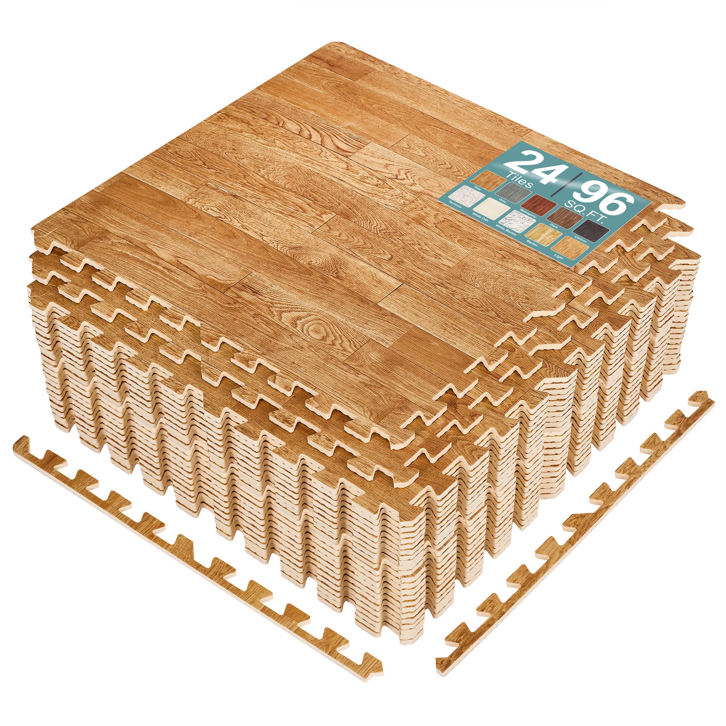 Sorbus Wood Grain Floor Tiles Foam Mat EVA Interlocking Mats Tile 3/8-Inch Thick Flooring Wood Puzzle Exercise Mats w/Borders - Home Playroom Basement, Apartment, Trade Show, Baby, Dance