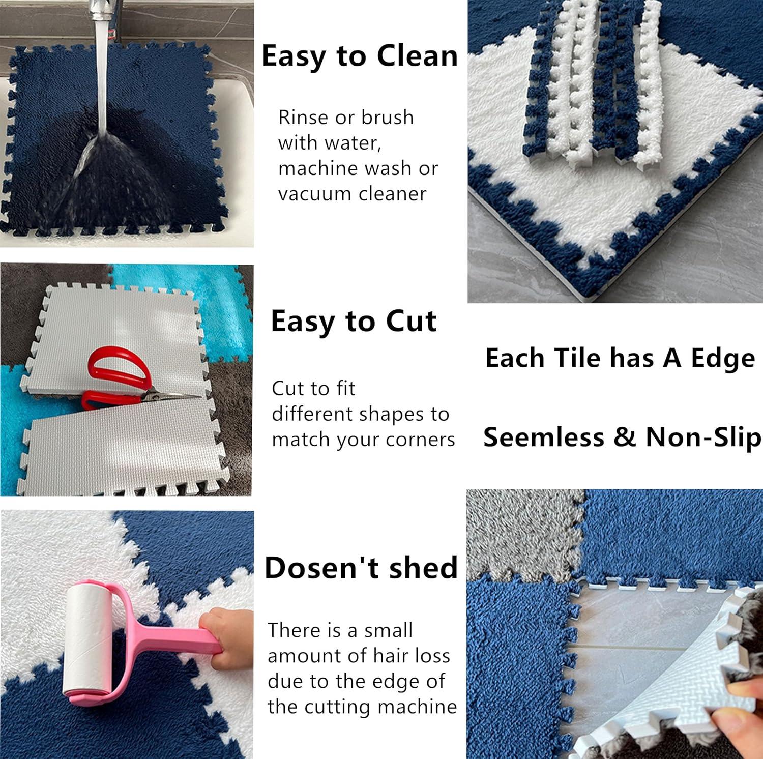 16 Pcs Kids Foam Interlocking Carpet Tiles with Border, Thick Carpet Squares Plush Floor Playmats Baby Crawling Rug - 49" x 49" (Navy Blue, 16 Tiles)