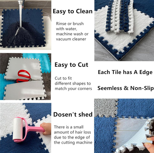 16 Pcs Kids Foam Interlocking Carpet Tiles with Border, Thick Carpet Squares Plush Floor Playmats Baby Crawling Rug - 49" x 49" (Navy Blue, 16 Tiles)