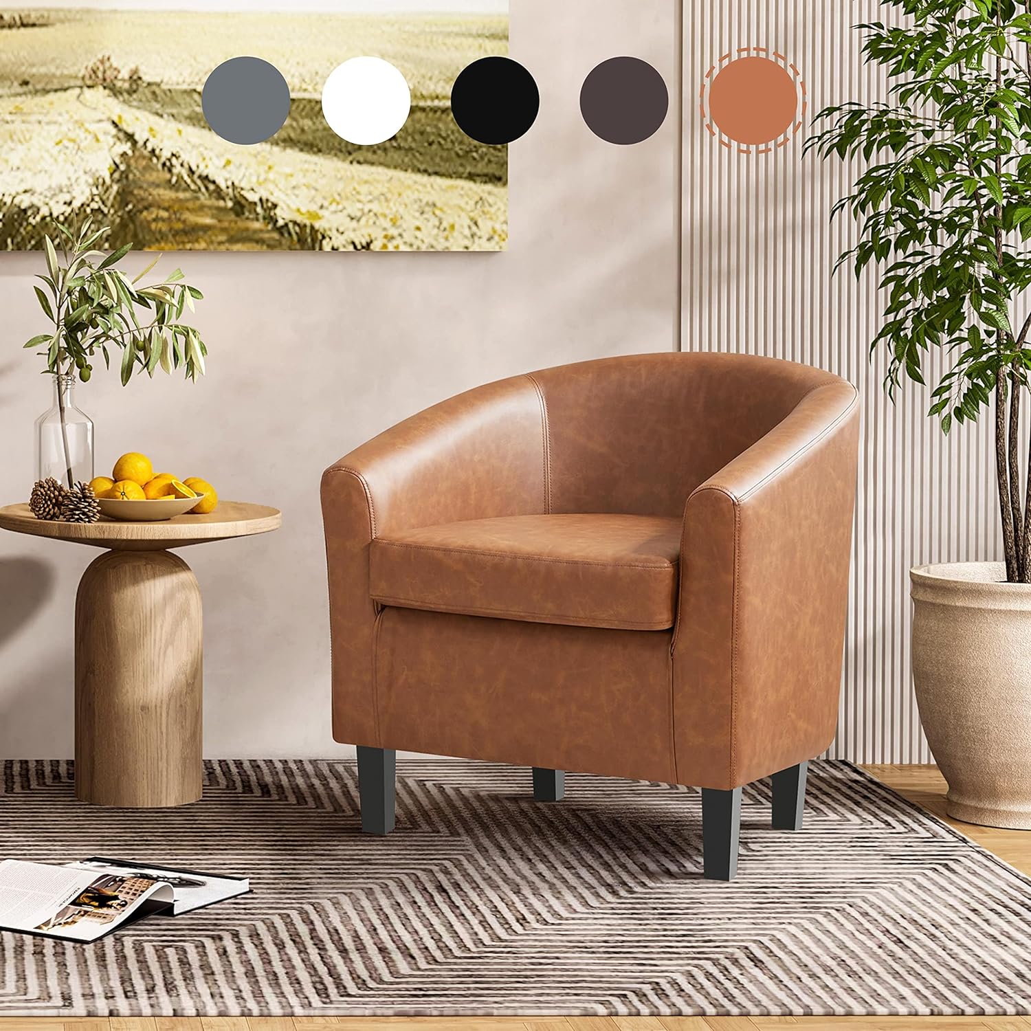 Yaheetech Leather Accent Chair, Faux Leather Armchair, Modern Barrel Club Chair with Soft Seat for Living Room Bedroom Reading Waiting Room, Brown