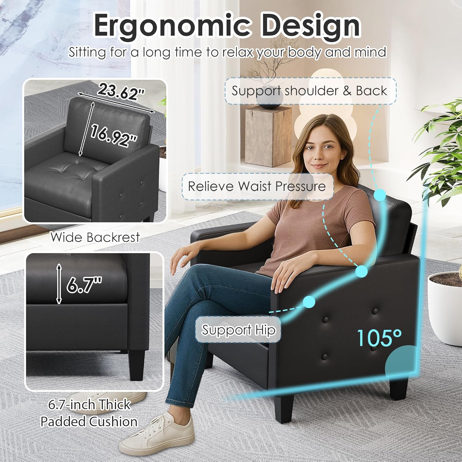 STHOUYN Accent Chairs Set of 2, Black Faux Leather Chair, Mid-Century Modern Living Room Chairs, Cozy Office Reading Chair with Tufted Armrest and Seat, Armchairs for Waiting Room, Bedroom (2)