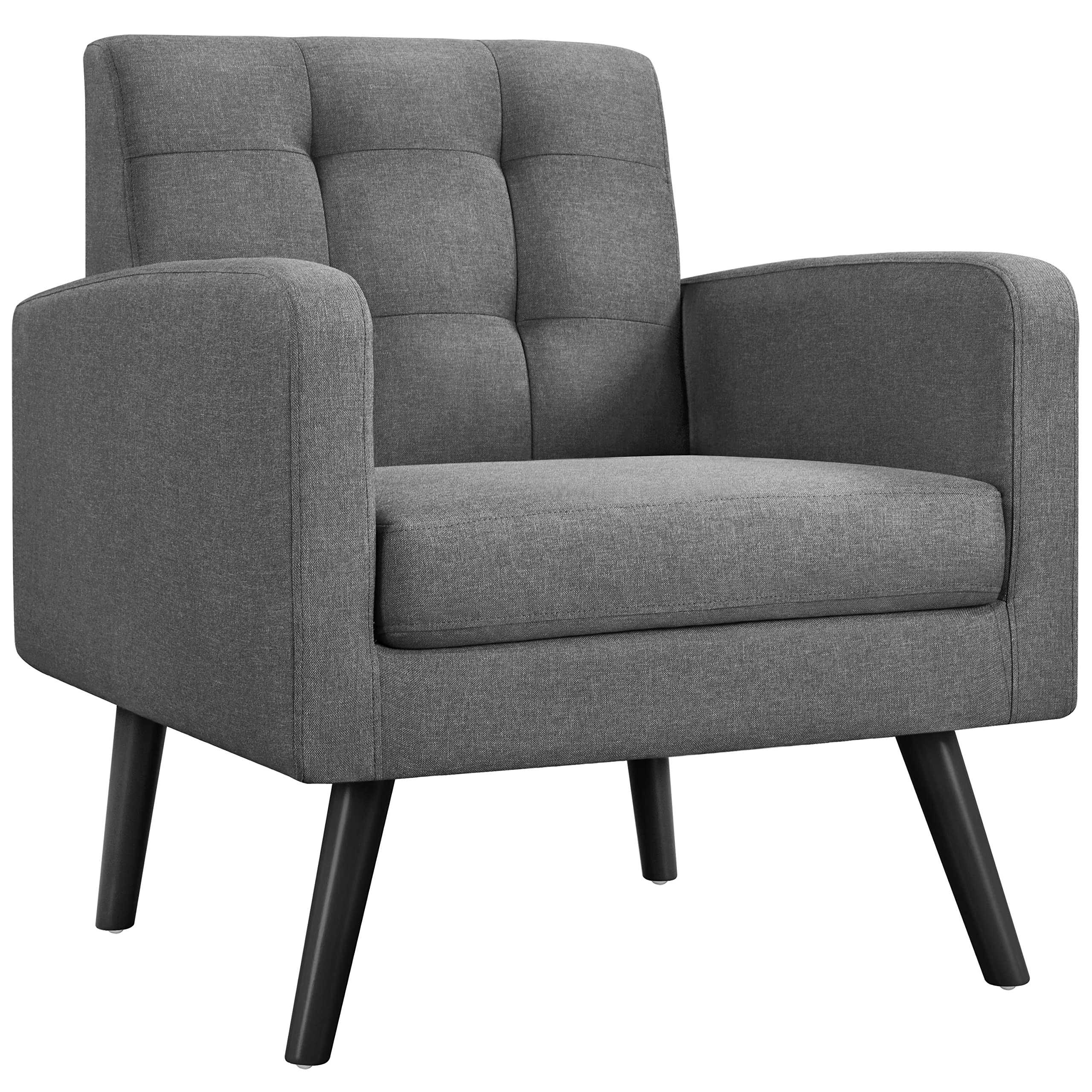 Yaheetech Mid-Century Accent Chairs, PU Leather Modern Upholstered Living Room Chair, Cozy Armchair Button Tufted Back and Wood Legs for Bedroom/Office/Cafe, Retro Brown