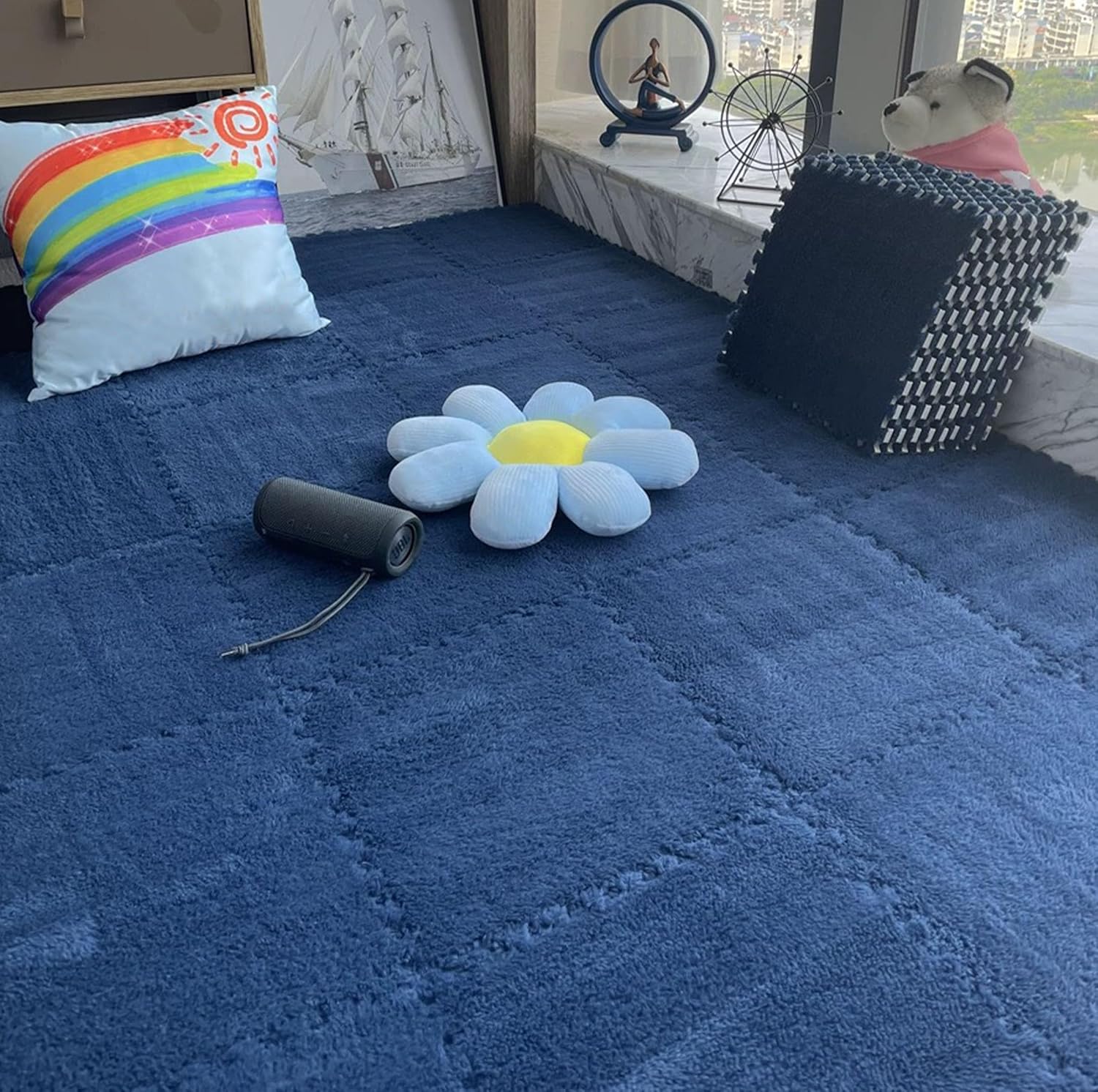 16 Pcs Kids Foam Interlocking Carpet Tiles with Border, Thick Carpet Squares Plush Floor Playmats Baby Crawling Rug - 49" x 49" (Navy Blue, 16 Tiles)